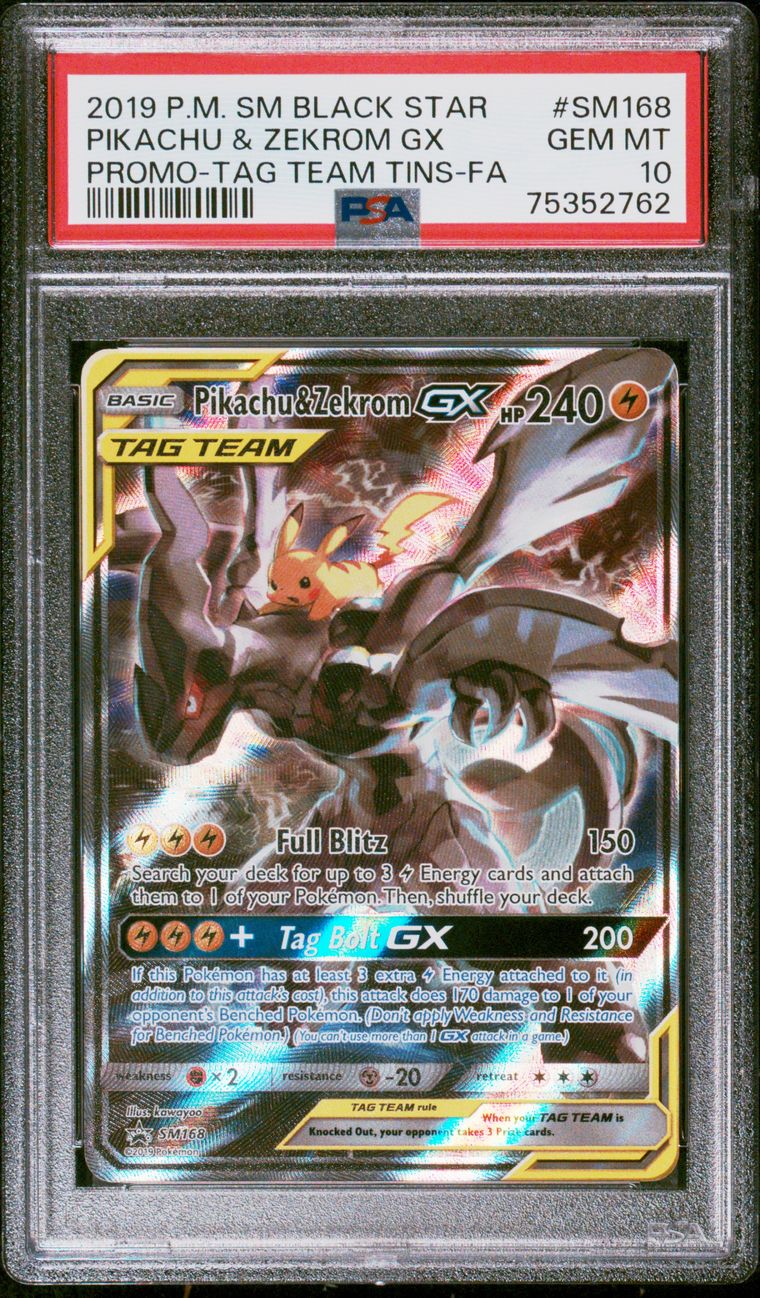 2019 Pokemon S&M Black Star SM168 Pikachu & Zekrom GX Promo Tag Team Tin Full Art PSA 10