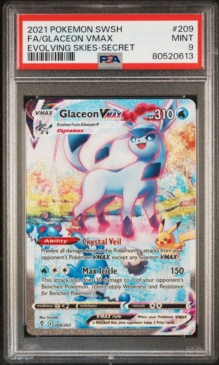 2021 Pokemon SWSH Evolving Skies 209/203 Glaceon Vmax Full Art Secret Rare PSA 9