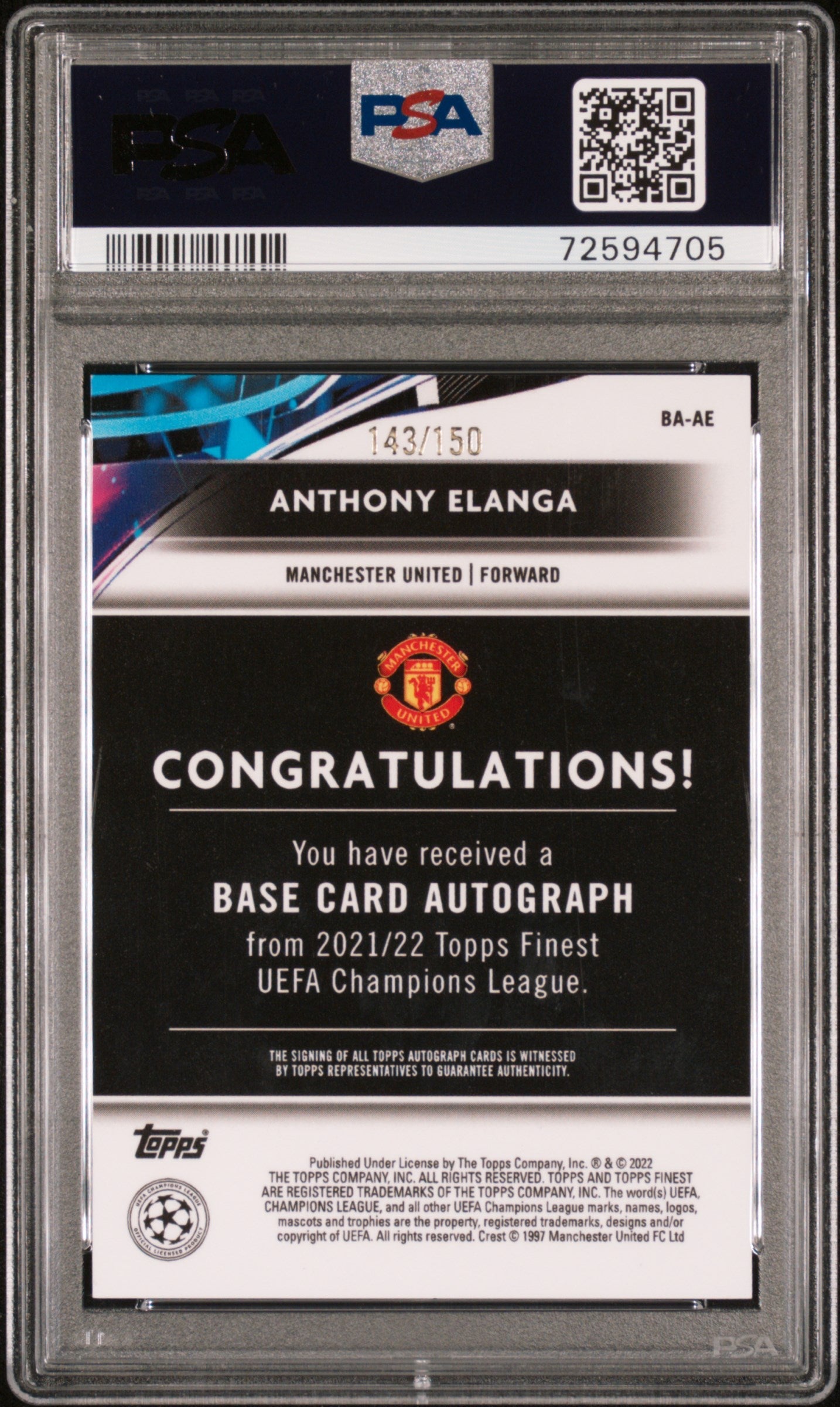 2021-22 TOPPS FINEST UCL ANTHONY ELANGA BA-AE AUTO BLUE #/150 PSA 10