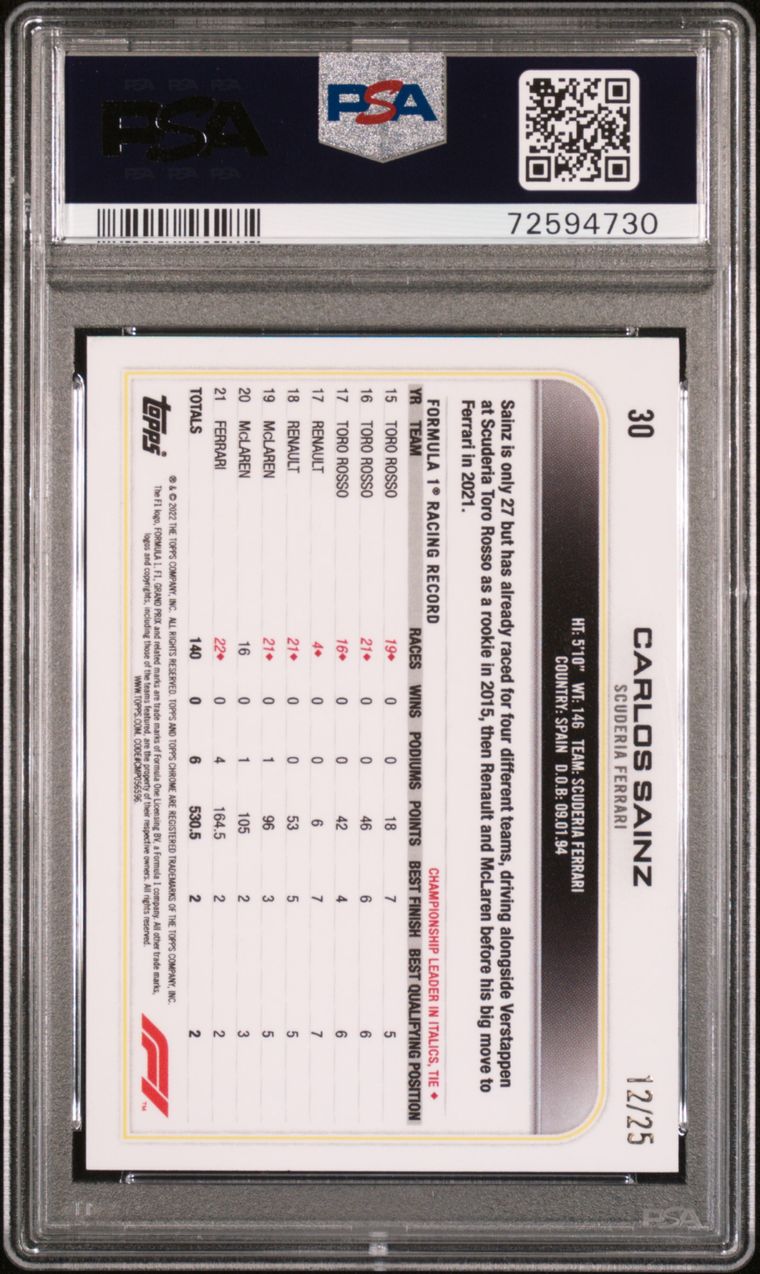 2022 Topps Chrome F1  #30 Carlos Sainz Orange 12/25  PSA 10