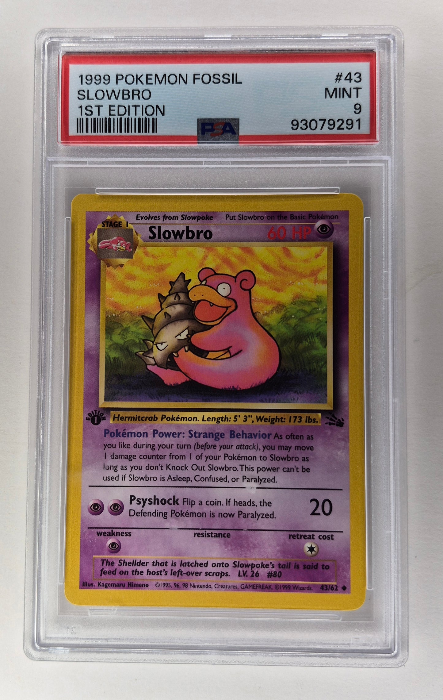 1999 Pokémon Fossil 43/62 Slowbro 1st Edition PSA 9 Mint