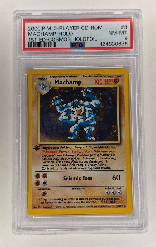 2000 Pokémon 2-player CD-ROM Machamp 1st Edition Cosmos Holo 8/102 PSA 8 NM-MT
