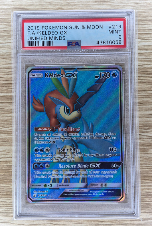 2019 Pokémon S&M Unified Minds 219/236 Keldeo GX Full Art PSA 9