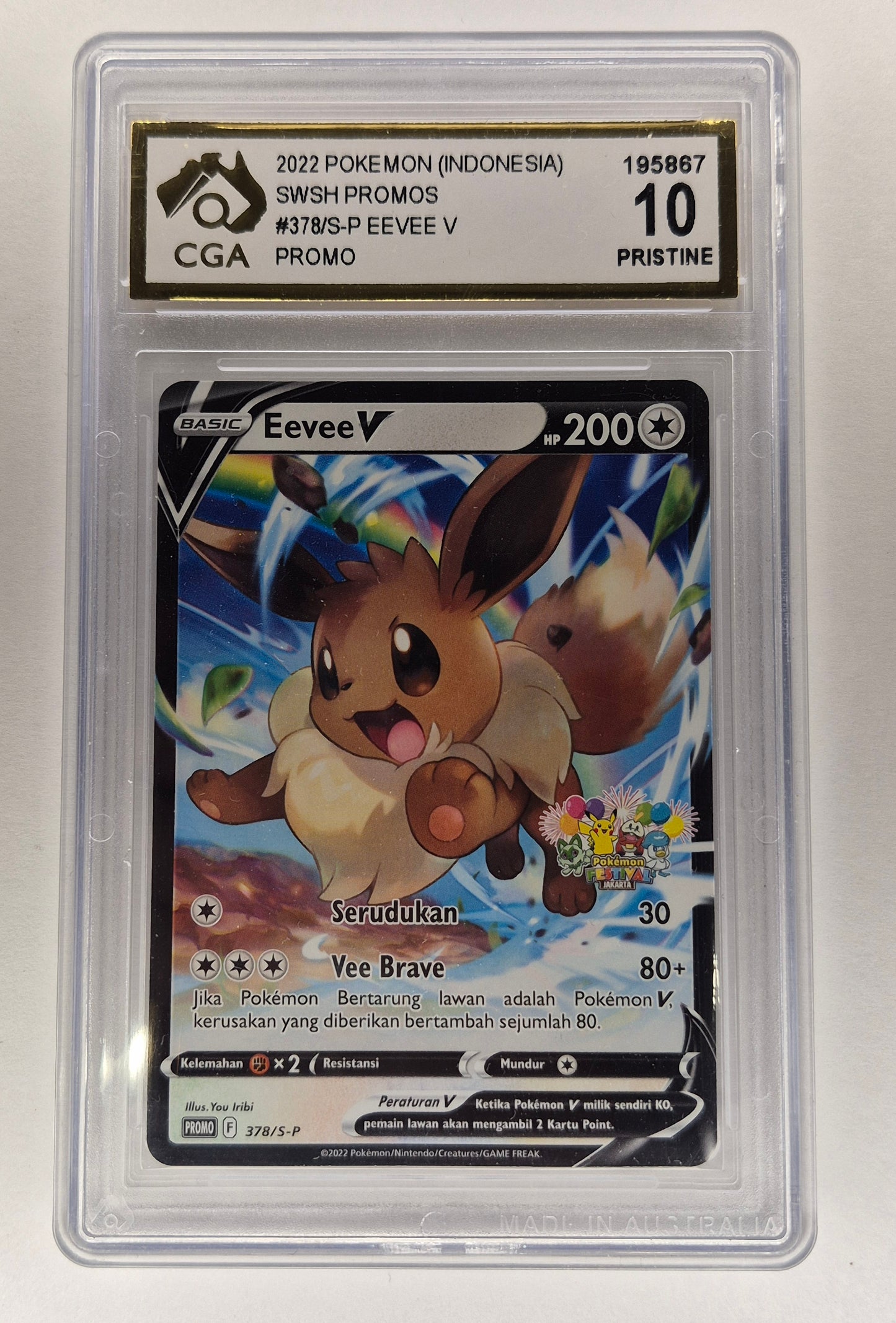 2022 Indonesia Pokémon SWSH Non Holo Promo 378/S-P Eevee V CGA Pristine 10