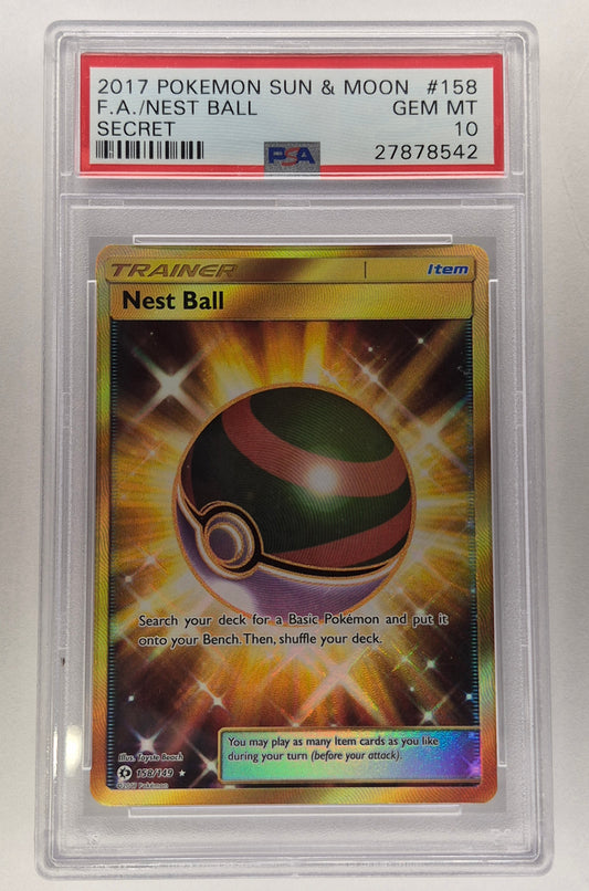 2017 Pokémon Sun & Moon 158/149 Full Art Gold Nest Ball Secret Rare PSA 10