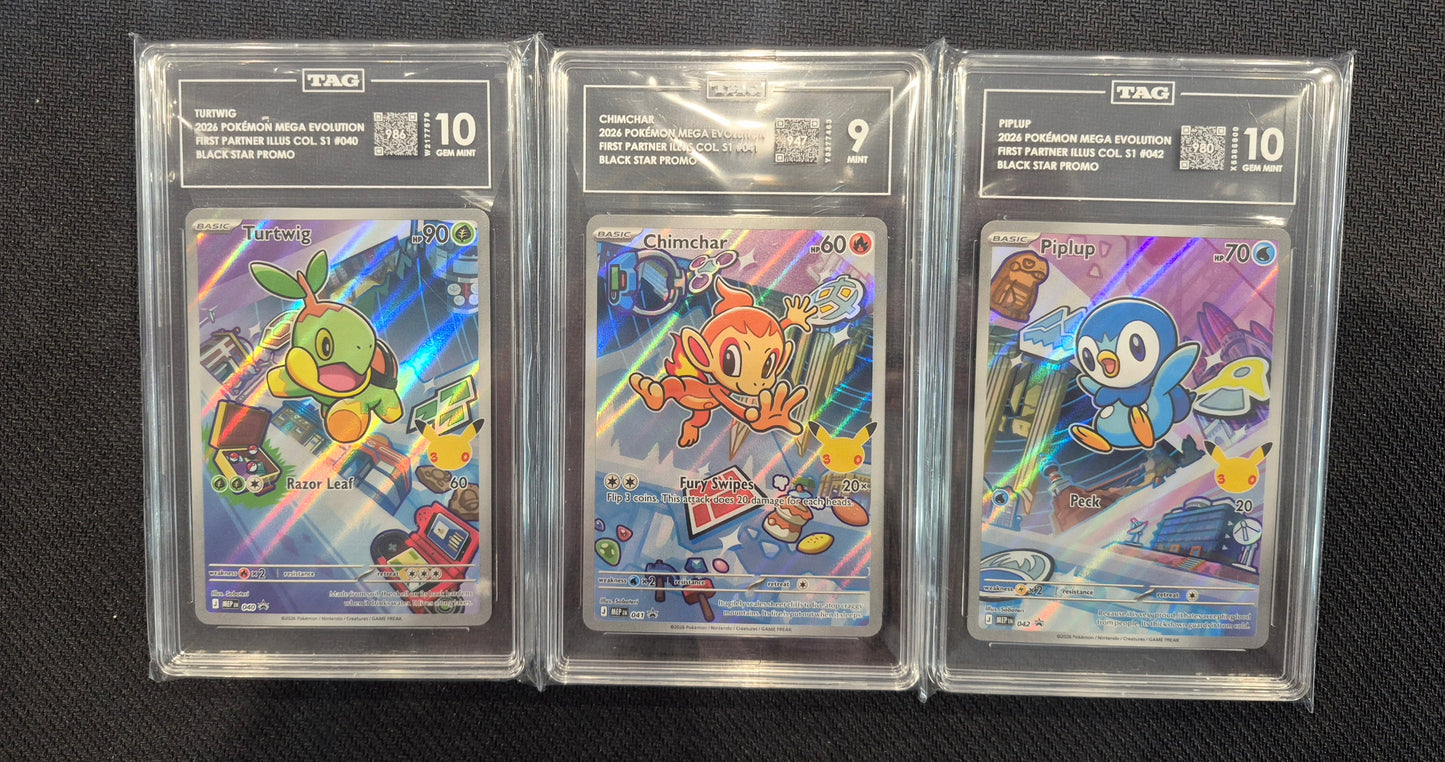 Pokemon 1st Partner Illustration Set TAG 10,9,10 Turtwig,Chimchar,Piplup 040,041,042 Mint