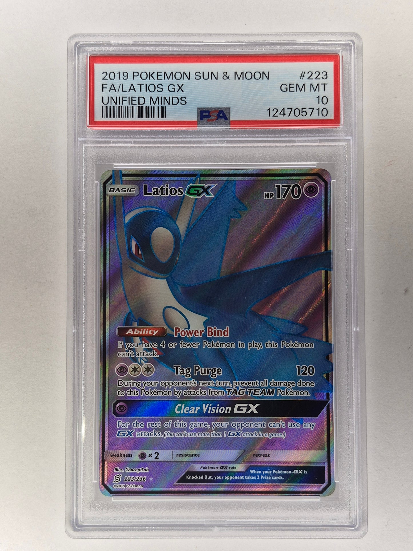 2019 Pokémon Sun & Moon Unified Minds 223/236 Full Art Latios GX PSA 10