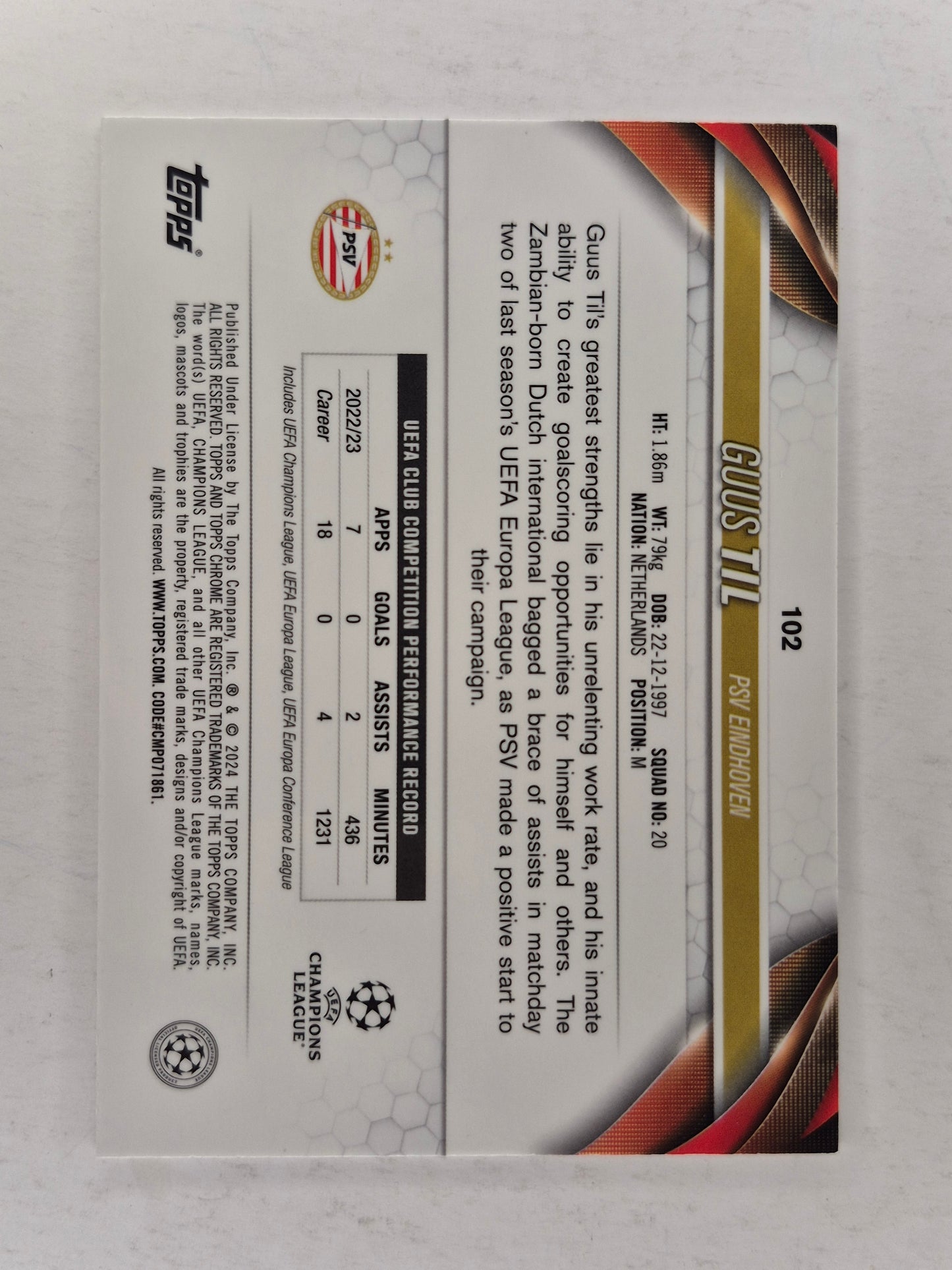 2023-24 Topps Chrome Guus Til  PSV Eindhoven  Team Color Match RC 61/99
