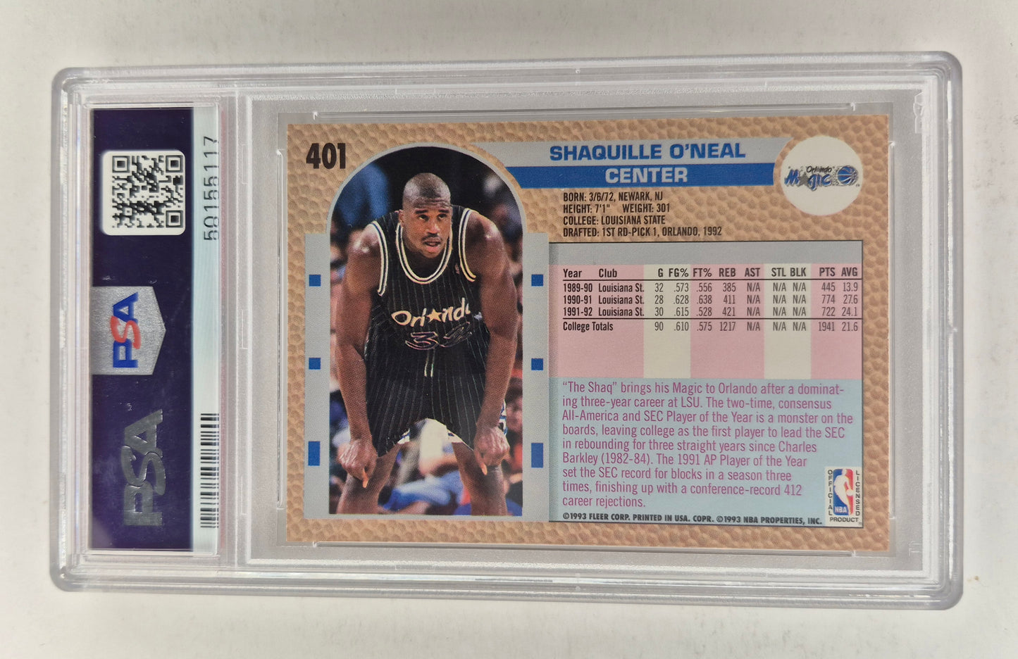 1992 FLEER 92-93 Shaquille O'neal #401 Orlando Magic PSA 9 Mint