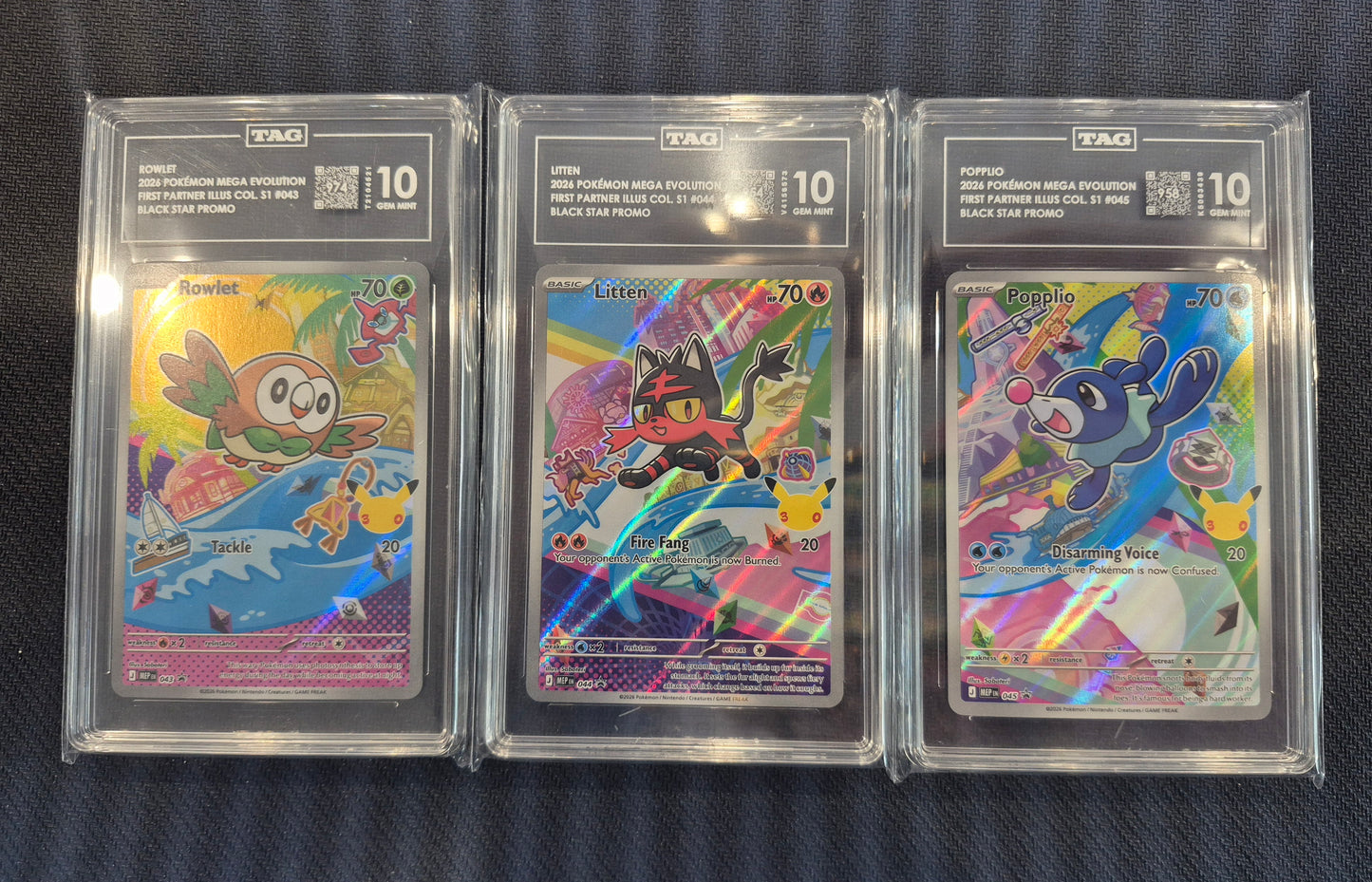 Pokemon 1st Partner Illustration Set TAG 10's Rowlet,Litten,Popplio 043,044,045 Gem Mint