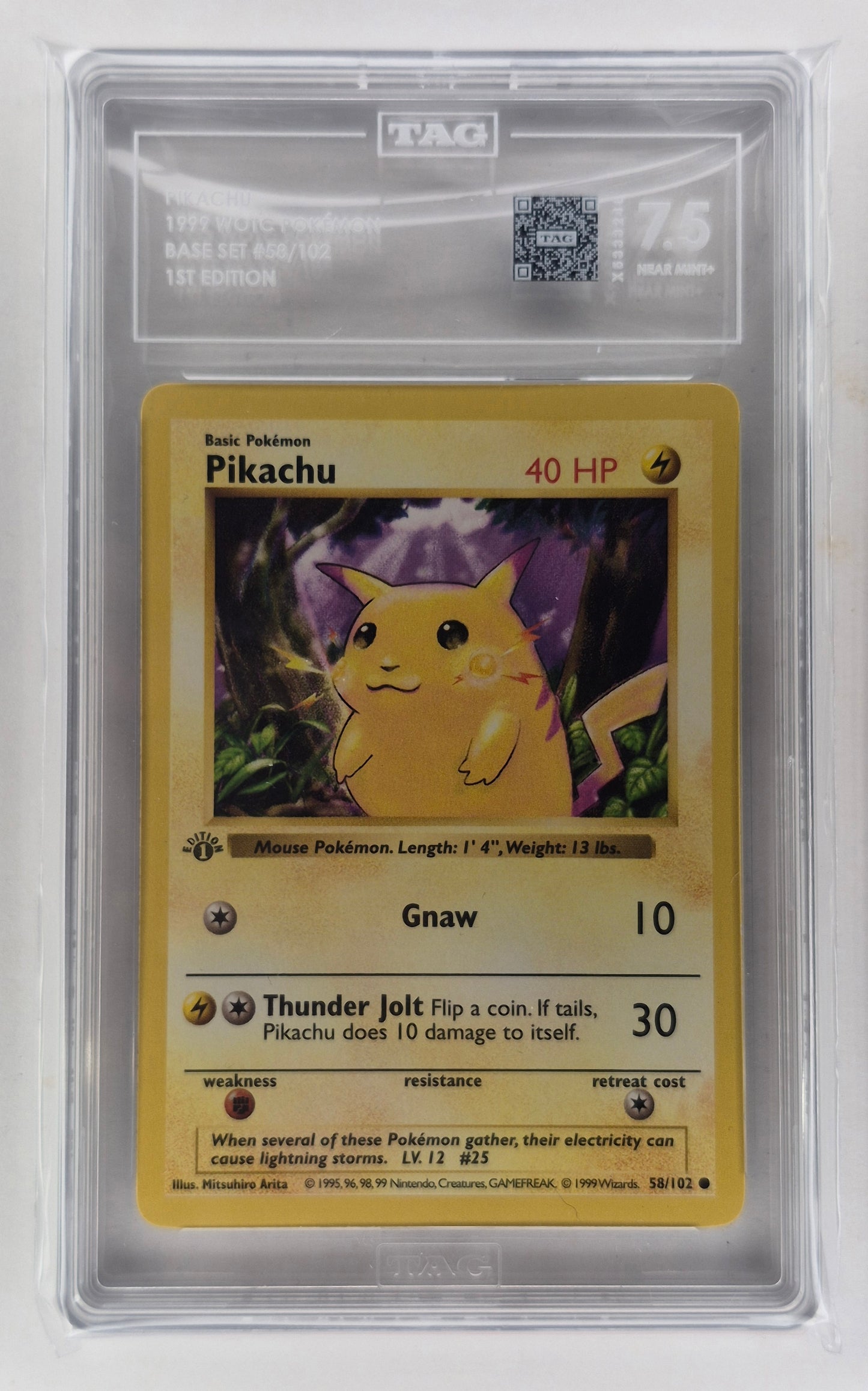 1999 WOTC Pokemon 58/102 Pikachu 1st edition Shadowless TAG 7.5 NM