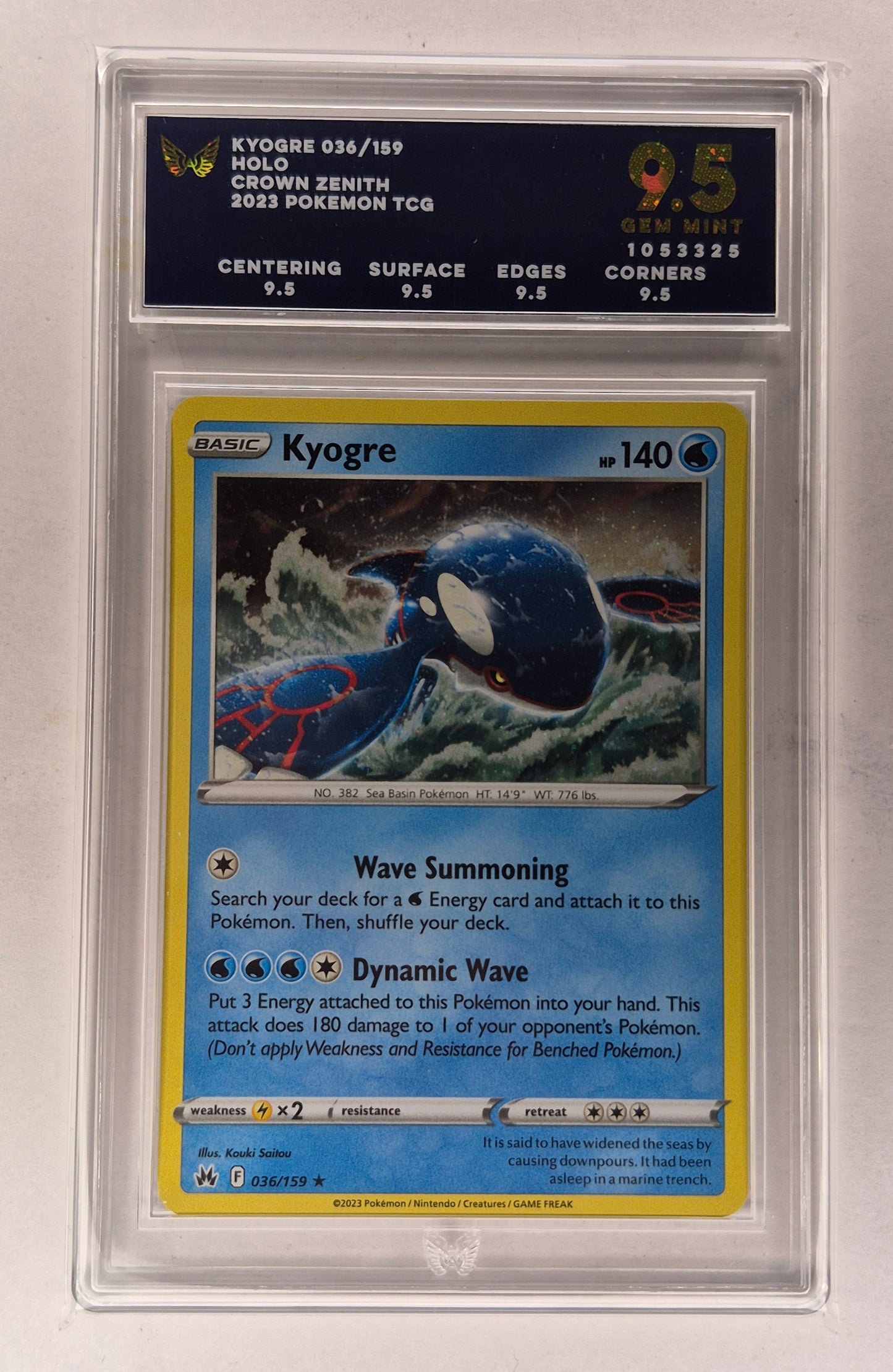 2023 Pokémon Crown Zenith 036/159 Kyogre Holo ARK 9.5 Gem Mint