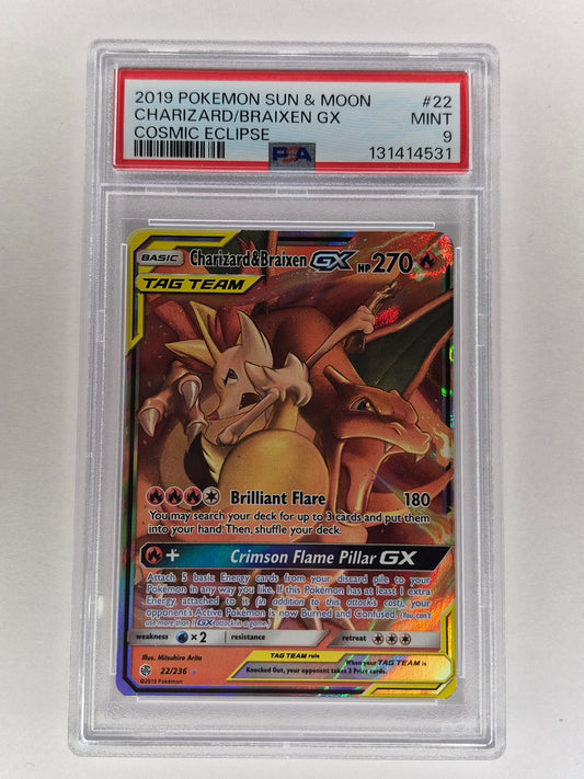 2019 Pokémon Sun & Moon Cosmic Eclipse 22/236 Charizard & Braixen GX PSA 9