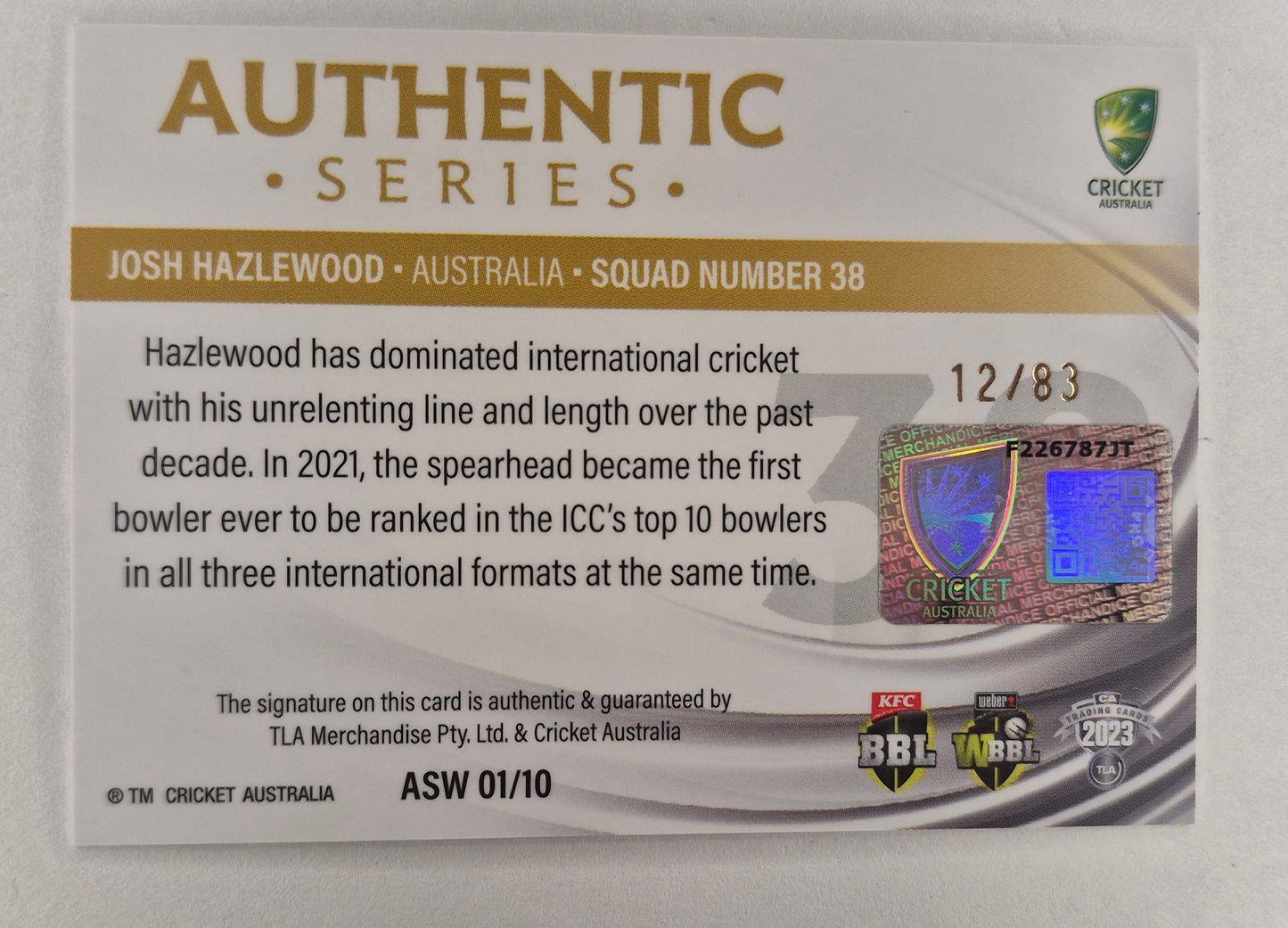 JOSH HAZLEWOOD Cricket CA Traders Authentic Series Signature Card 12/83 ASW01/10