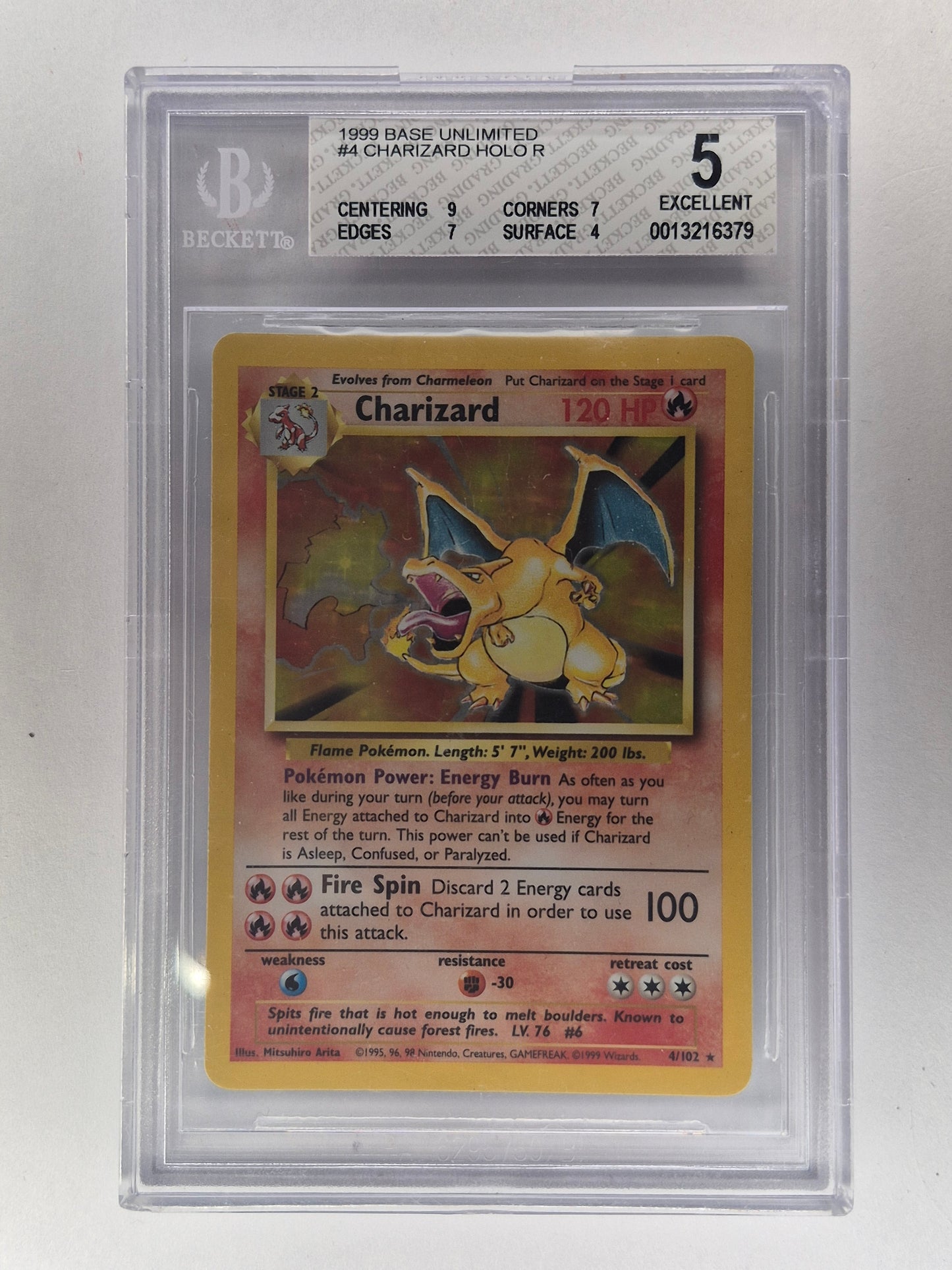 1999 Pokémon Base Set Unlimited #4 Charizard Holo R BGS 5 Excellent.