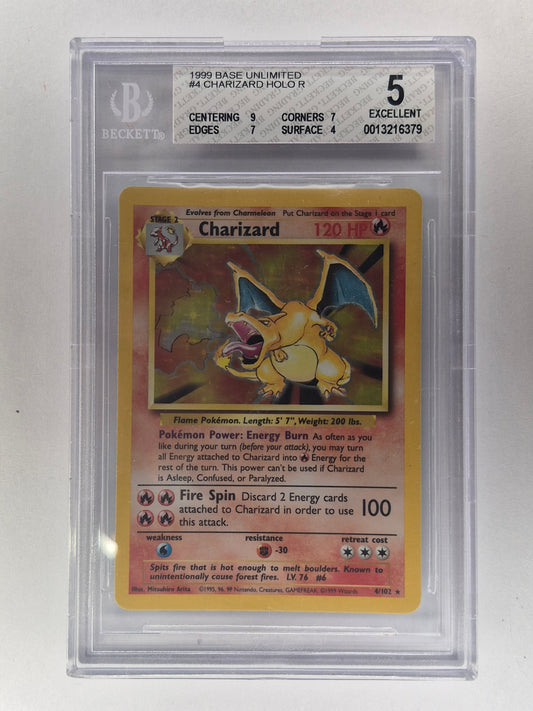 1999 Pokémon Base Set Unlimited #4 Charizard Holo R BGS 5 Excellent.