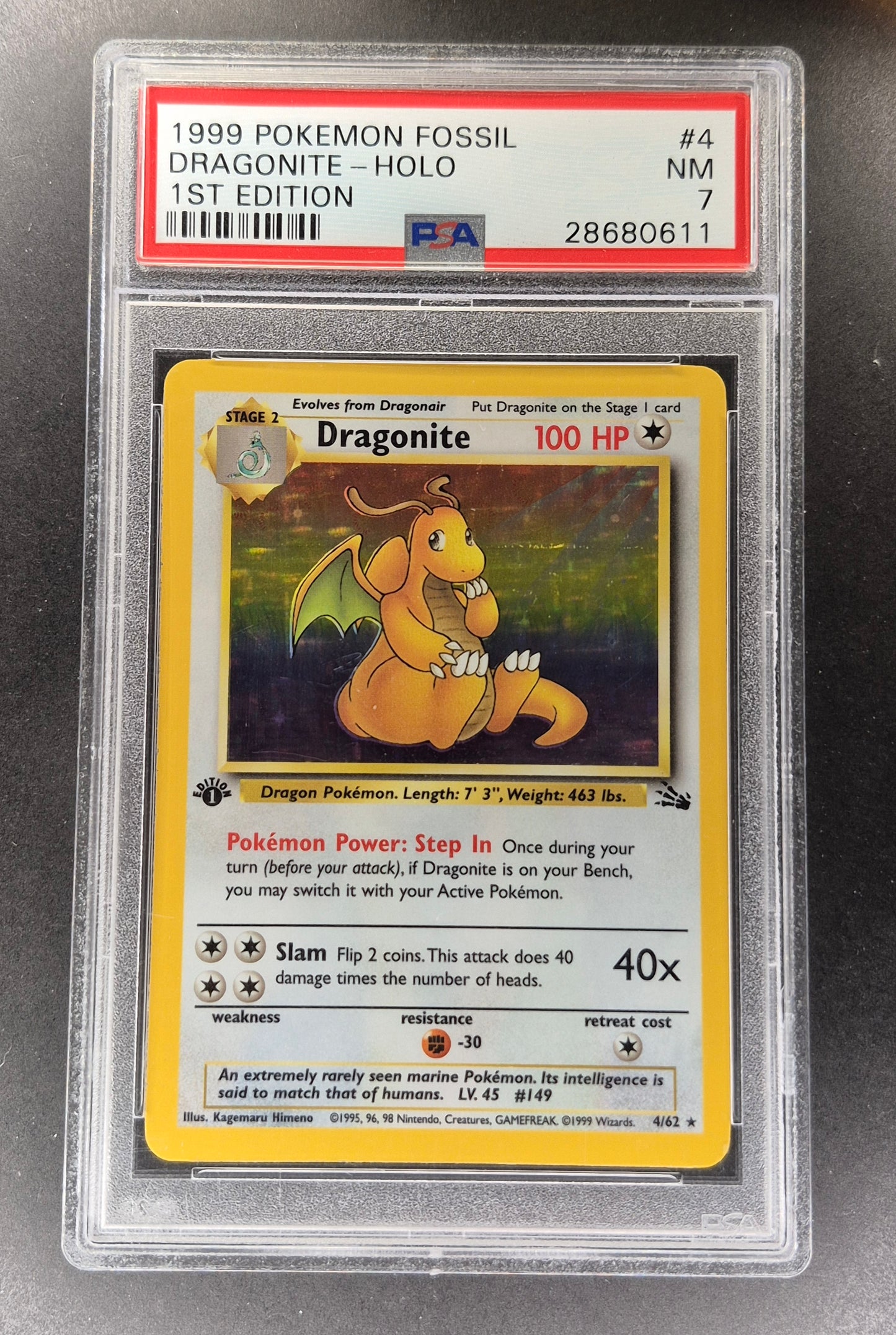 1999 POKEMON 1ST EDITION FOSSIL DRAGONITE HOLO PSA 7 4/62