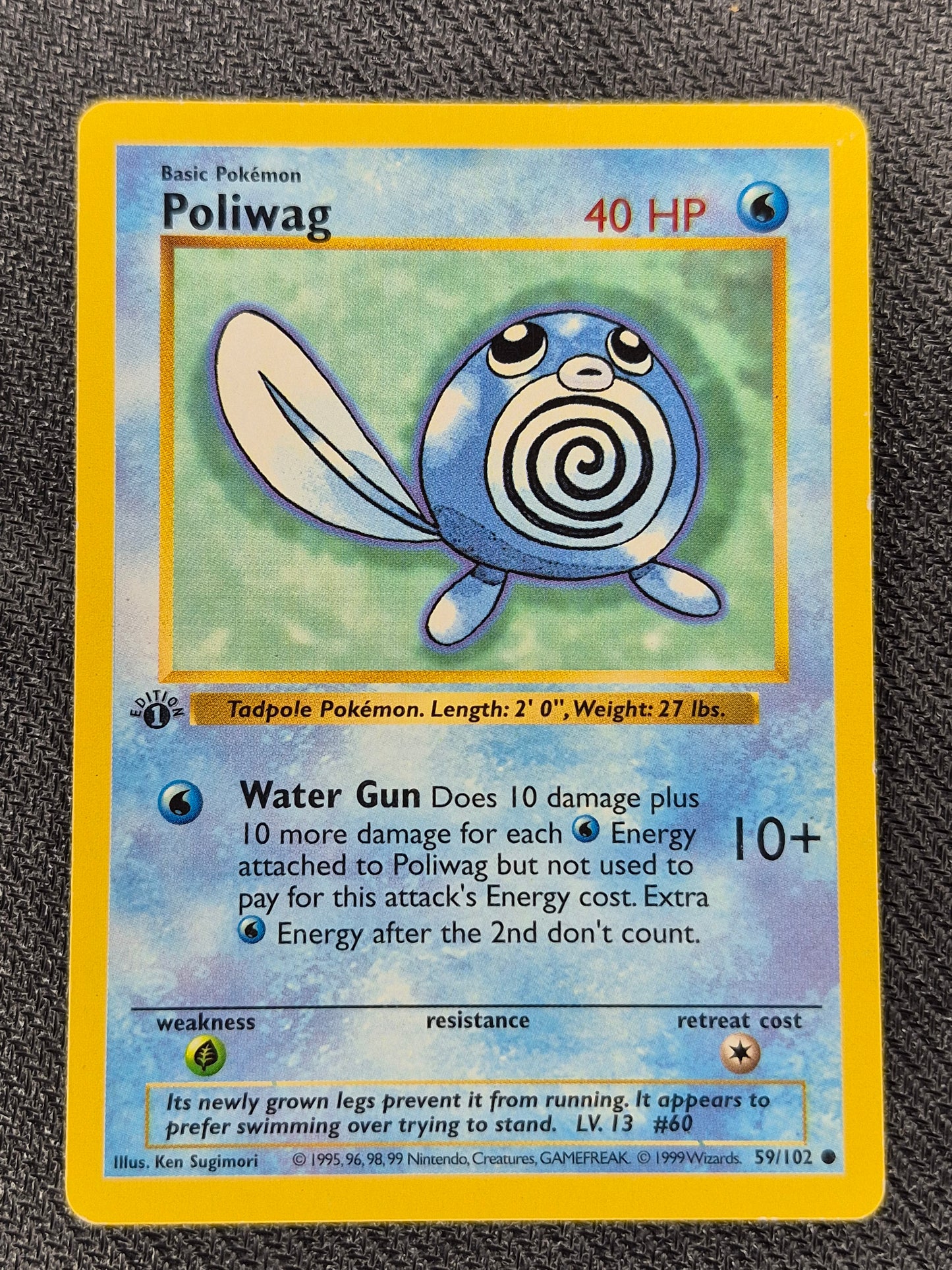 1st Edition Shadowless Poliwag 59/102 Base Set Rare Vintage Pokemon Card - LP