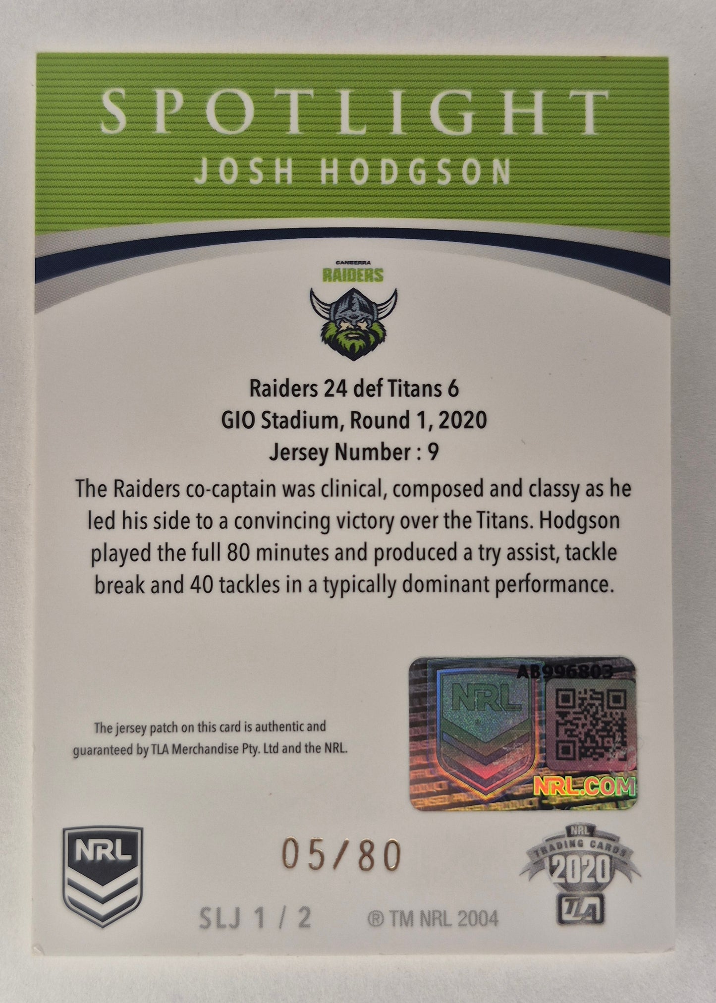 2020 NRL ELITE SLJ 1/2 Spotlight Game Used Patch Josh Hodson 05/80 LP