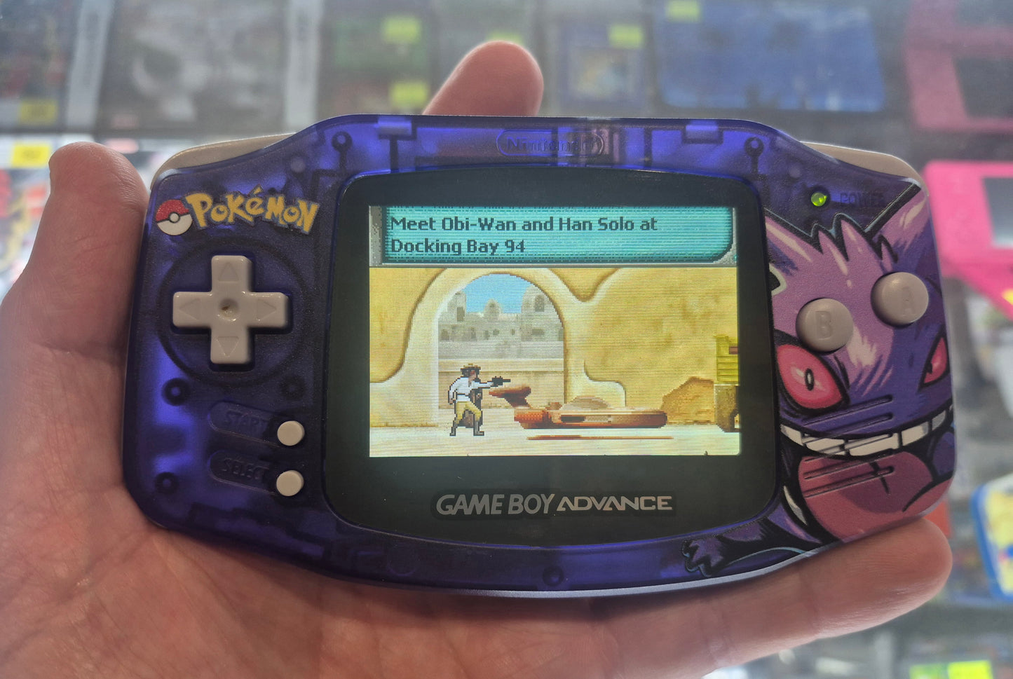 2000 Nintendo Gameboy Advance AGB-001  See thru Purple Gengar case,IPS Backlit screen w/color brightness adjustable touch