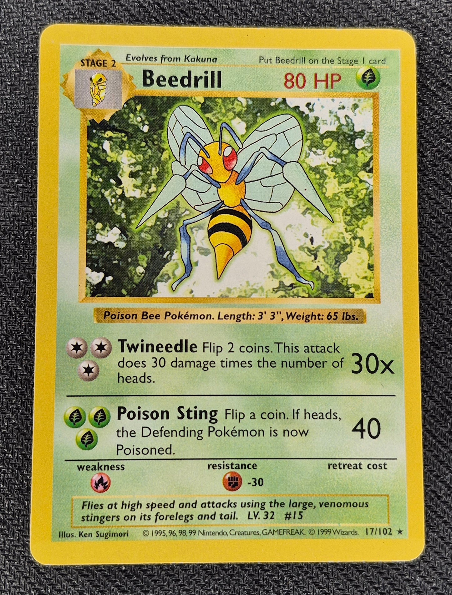 1999 Shadowless Beedrill 17/102 Base Set  Vintage Pokemon LP