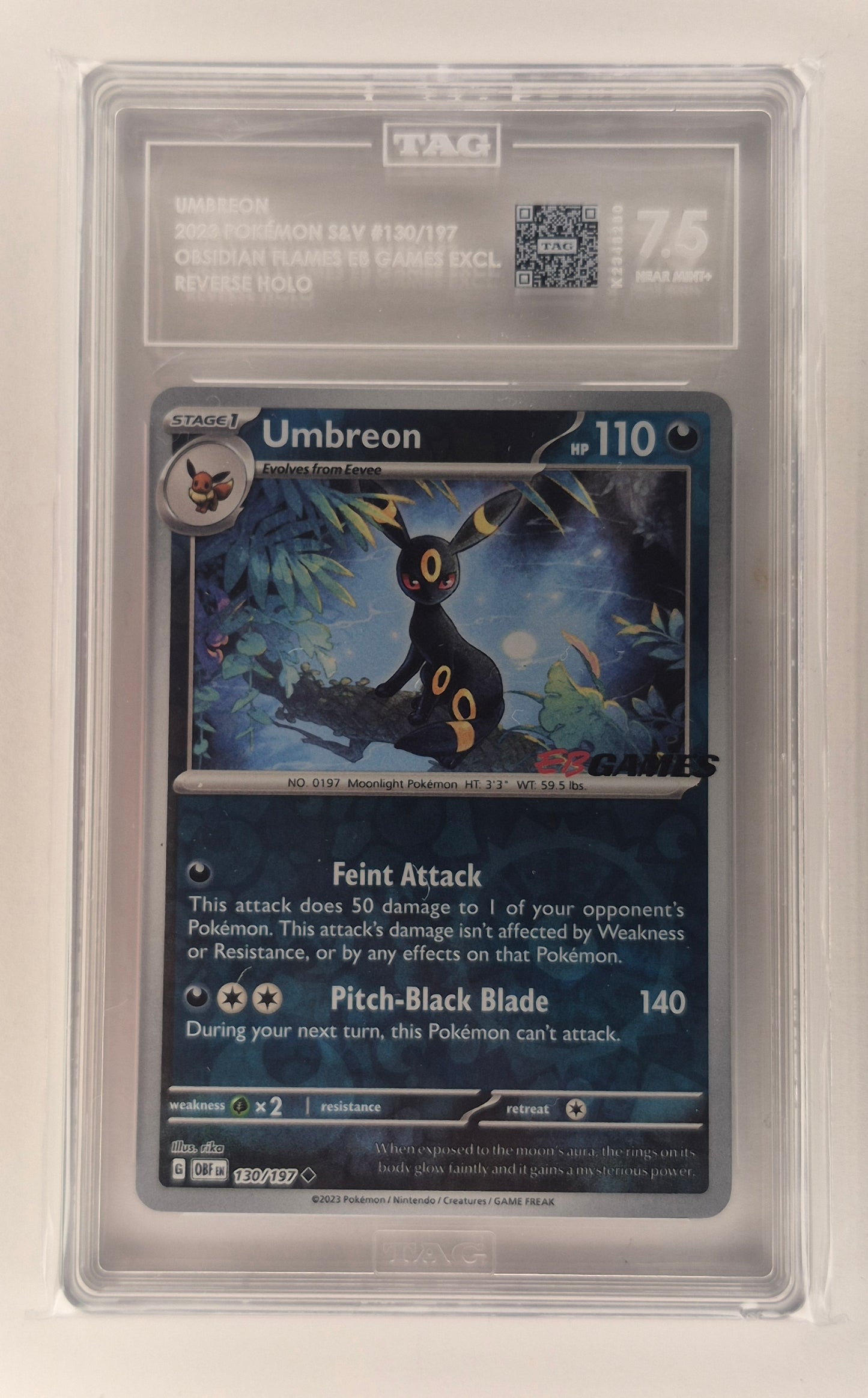 Umbreon 130/197 Reverse Holo EB Games Promo Pokemon  Obsidian Flames TAG 7.5 NM