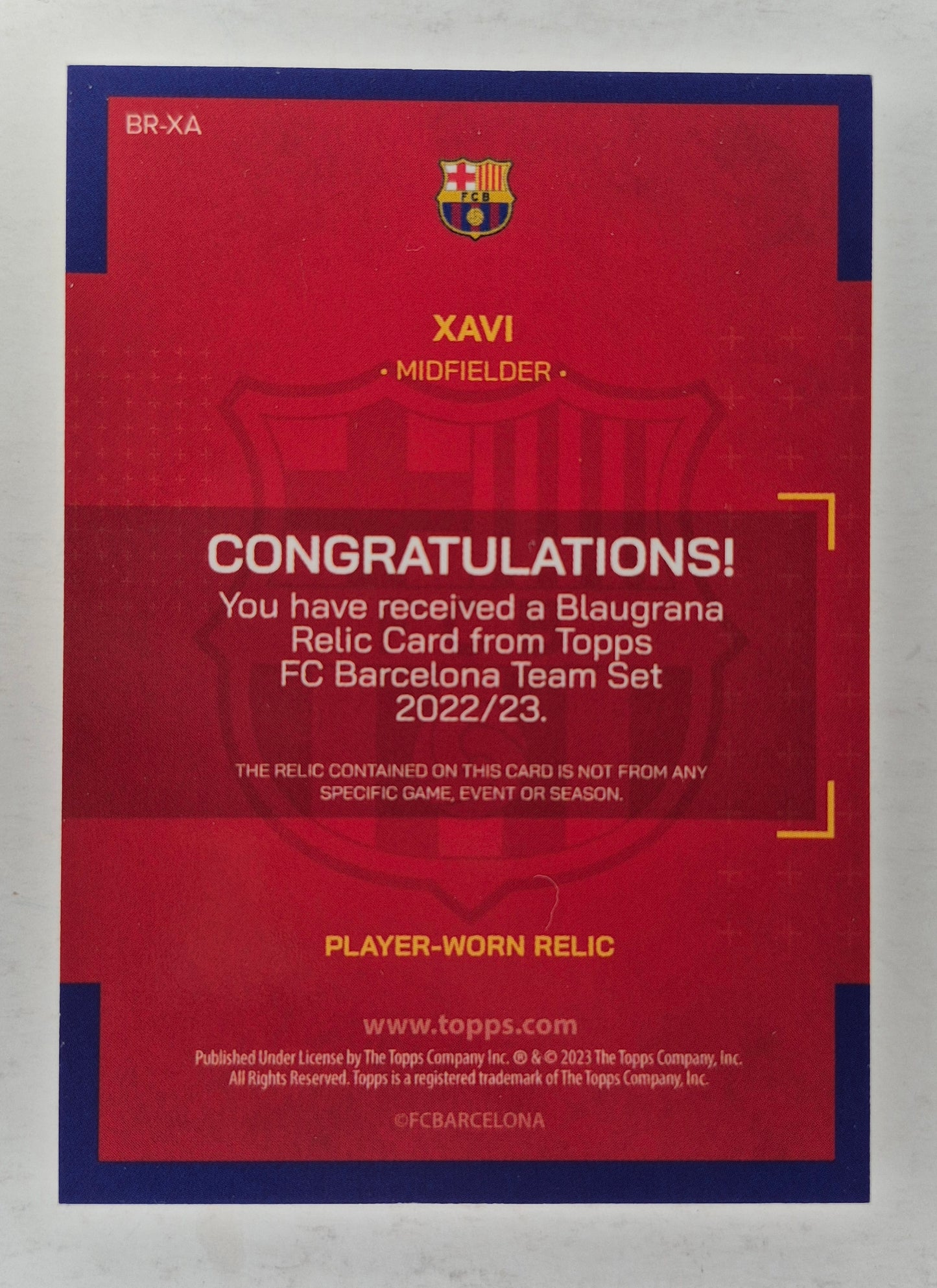 2022/23 Topps Blaugrana Relic Card FC Barcelona Xavi Player Worn Relic