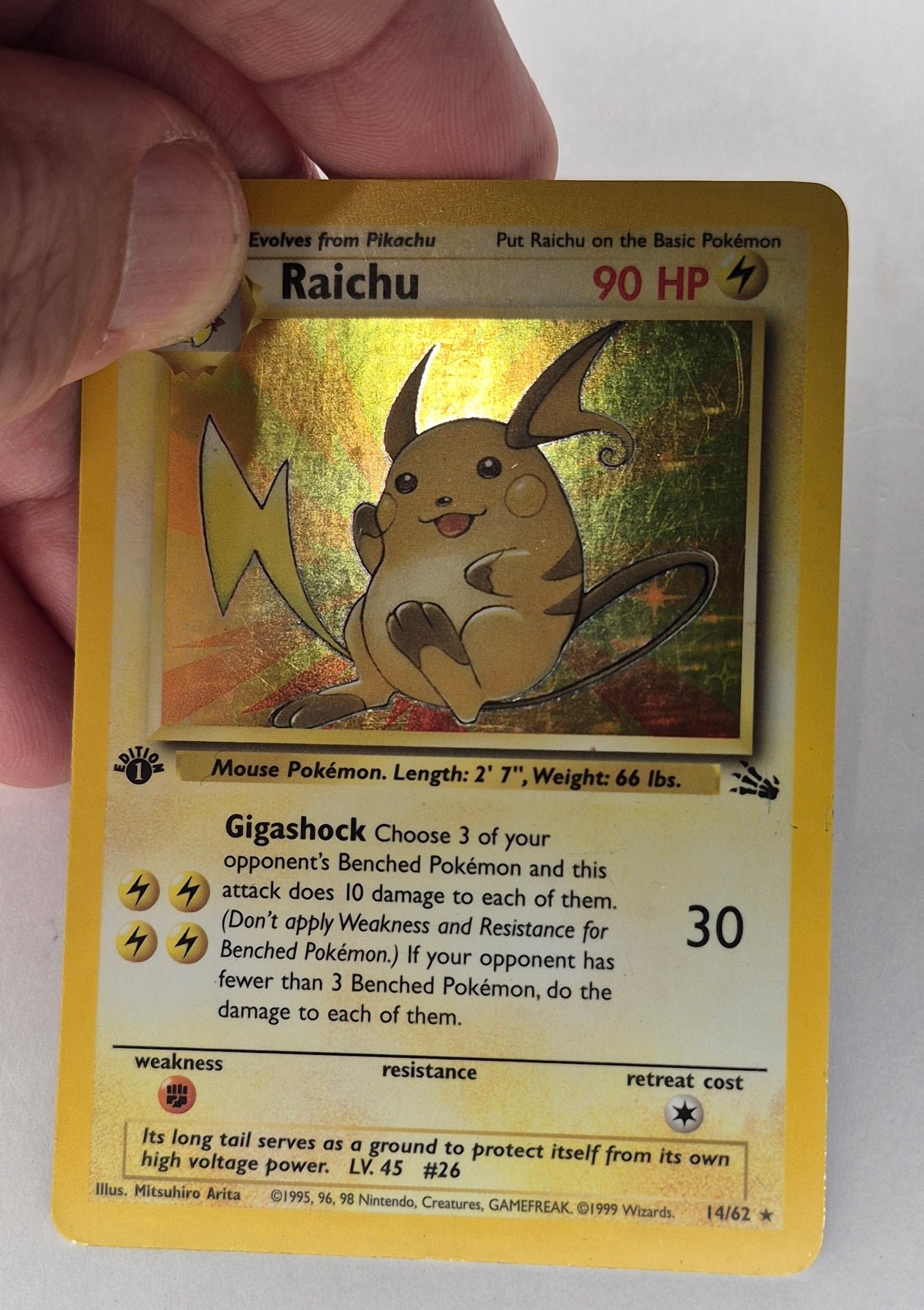1999 WOTC Pokemon 14/62 Raichu 1st Edition Holo MP