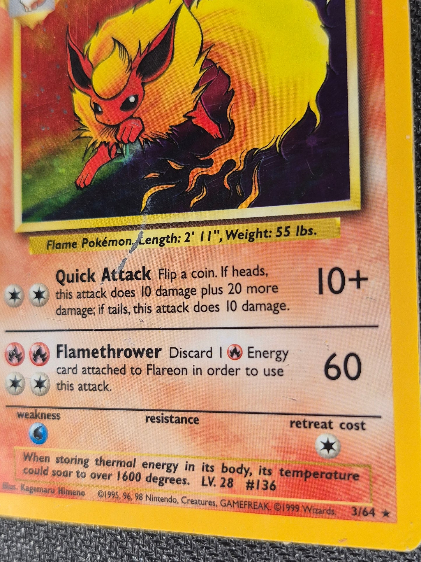 Pokemon 1999 Jungle Flareon Holo No Symbol Error 3/64 HP/DMG
