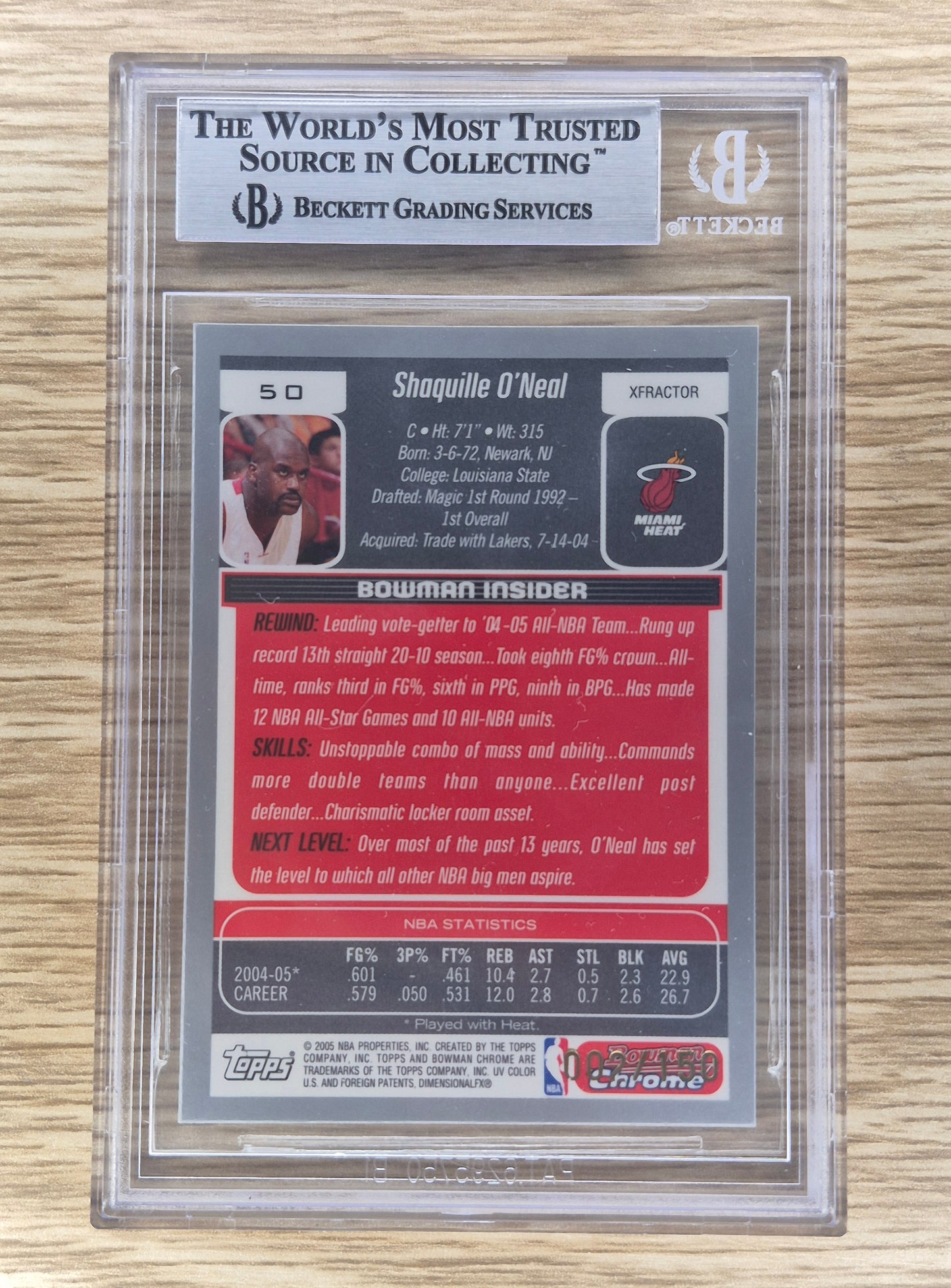 2005-06 Bowman Chrome X-Factor #50 Shaquille O’Neal  #’d 002/150  BGS 9 Mint