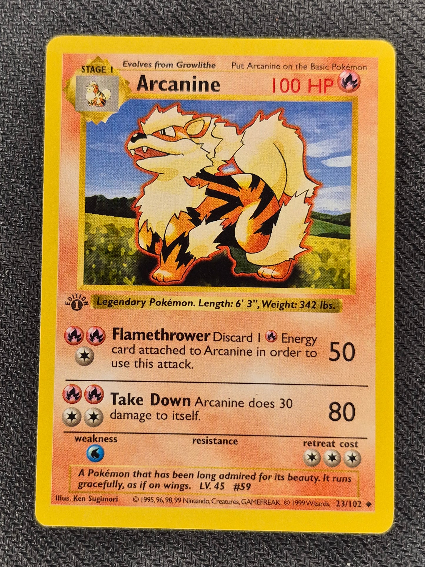 1st Edition Shadowless Arcanine 23/102 Base Set Rare Vintage Pokemon Card - LP