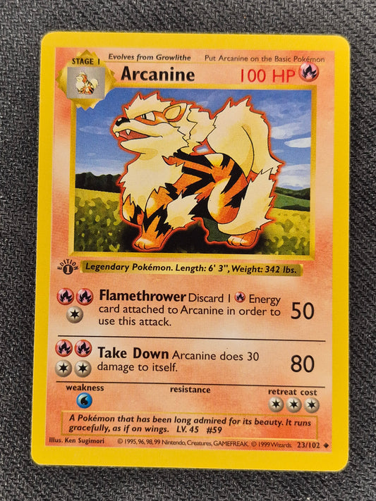 1st Edition Shadowless Arcanine 23/102 Base Set Rare Vintage Pokemon Card - LP