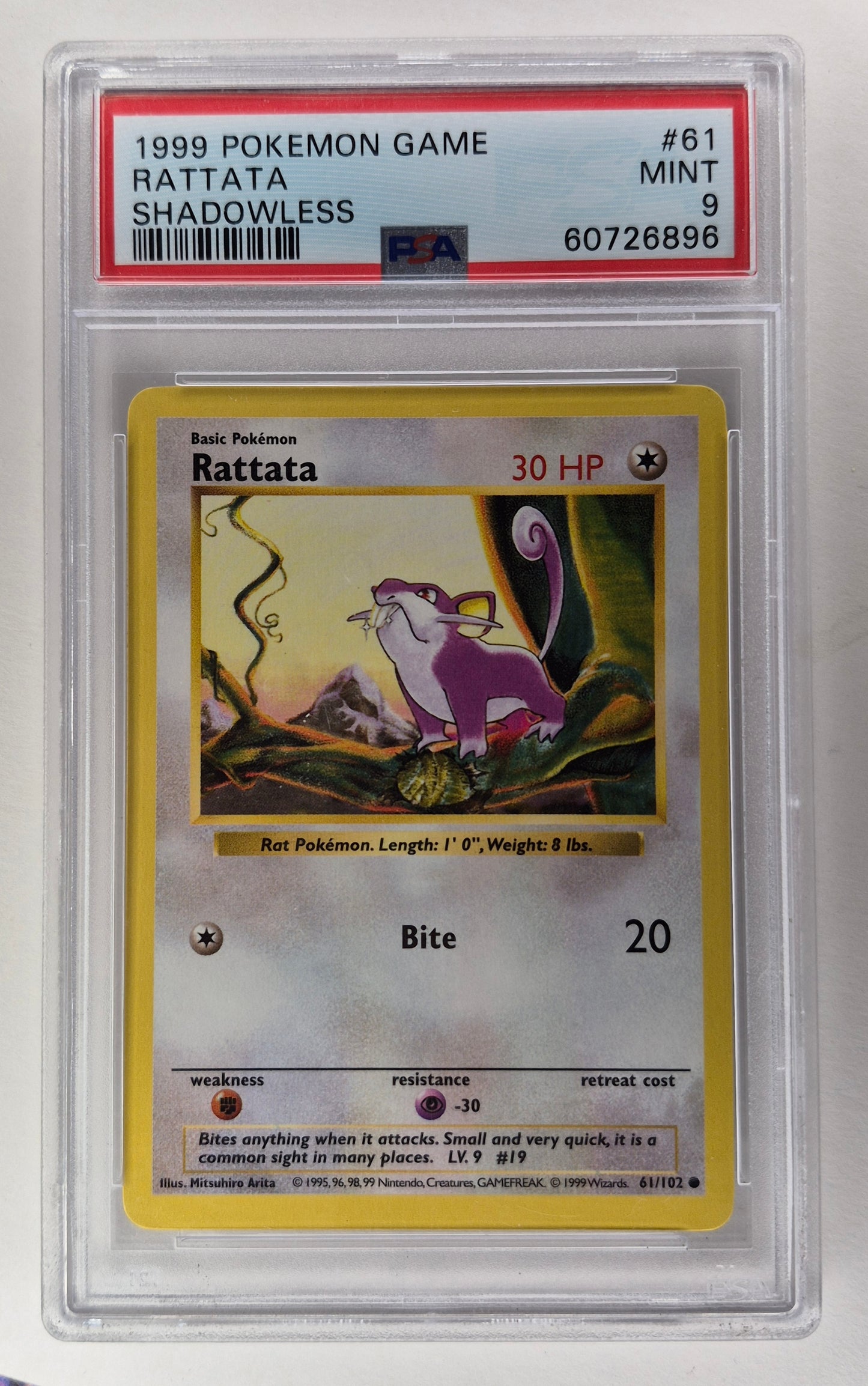 1999 Pokémon Base Set 61/102 Rattata Shadowless PSA 9