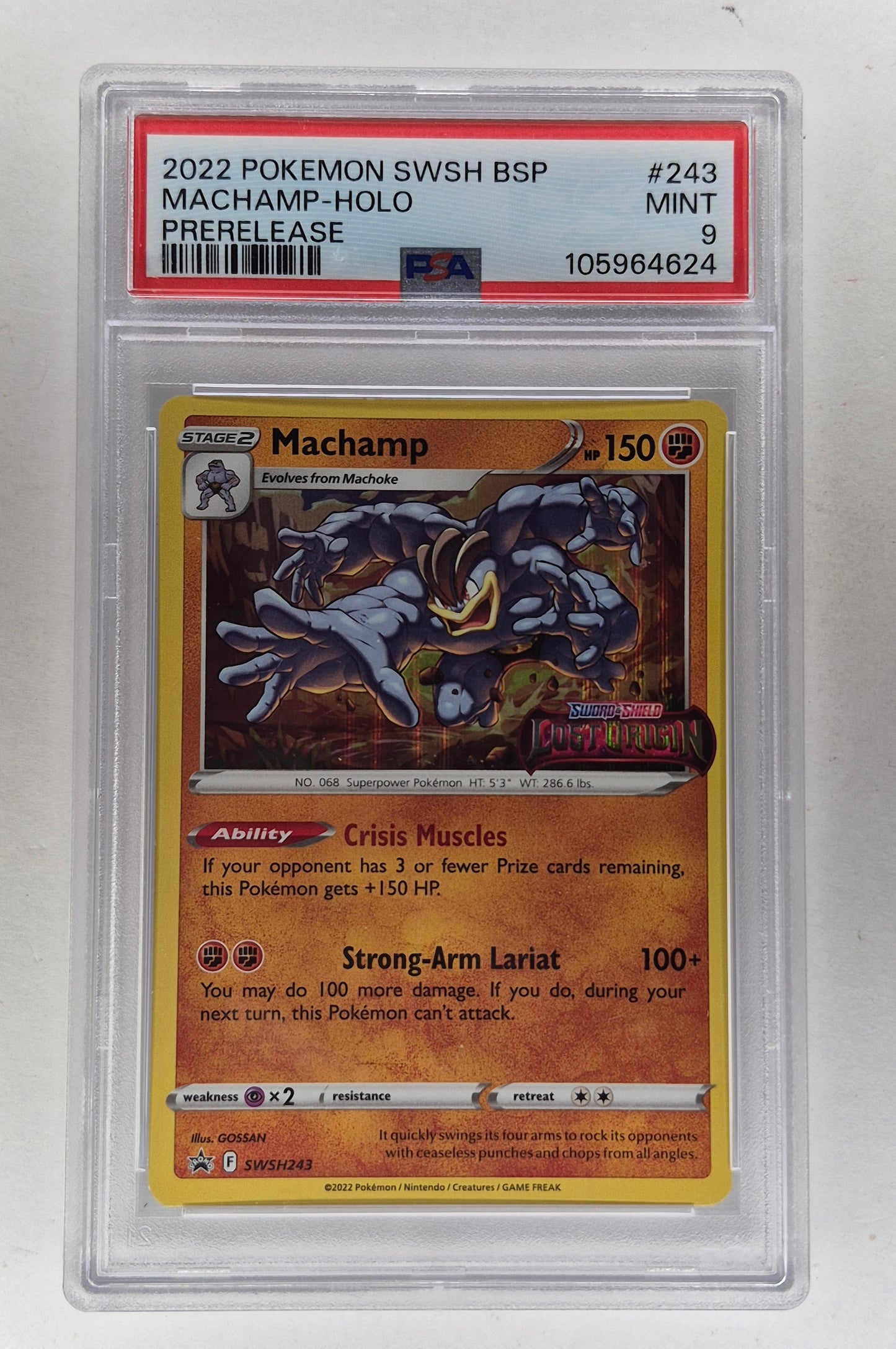 2022 Pokémon SWSH243 Machamp Stamped Holo Pre Release PSA 9