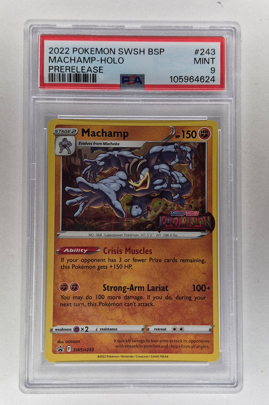 2022 Pokémon SWSH243 Machamp Stamped Holo Pre Release PSA 9