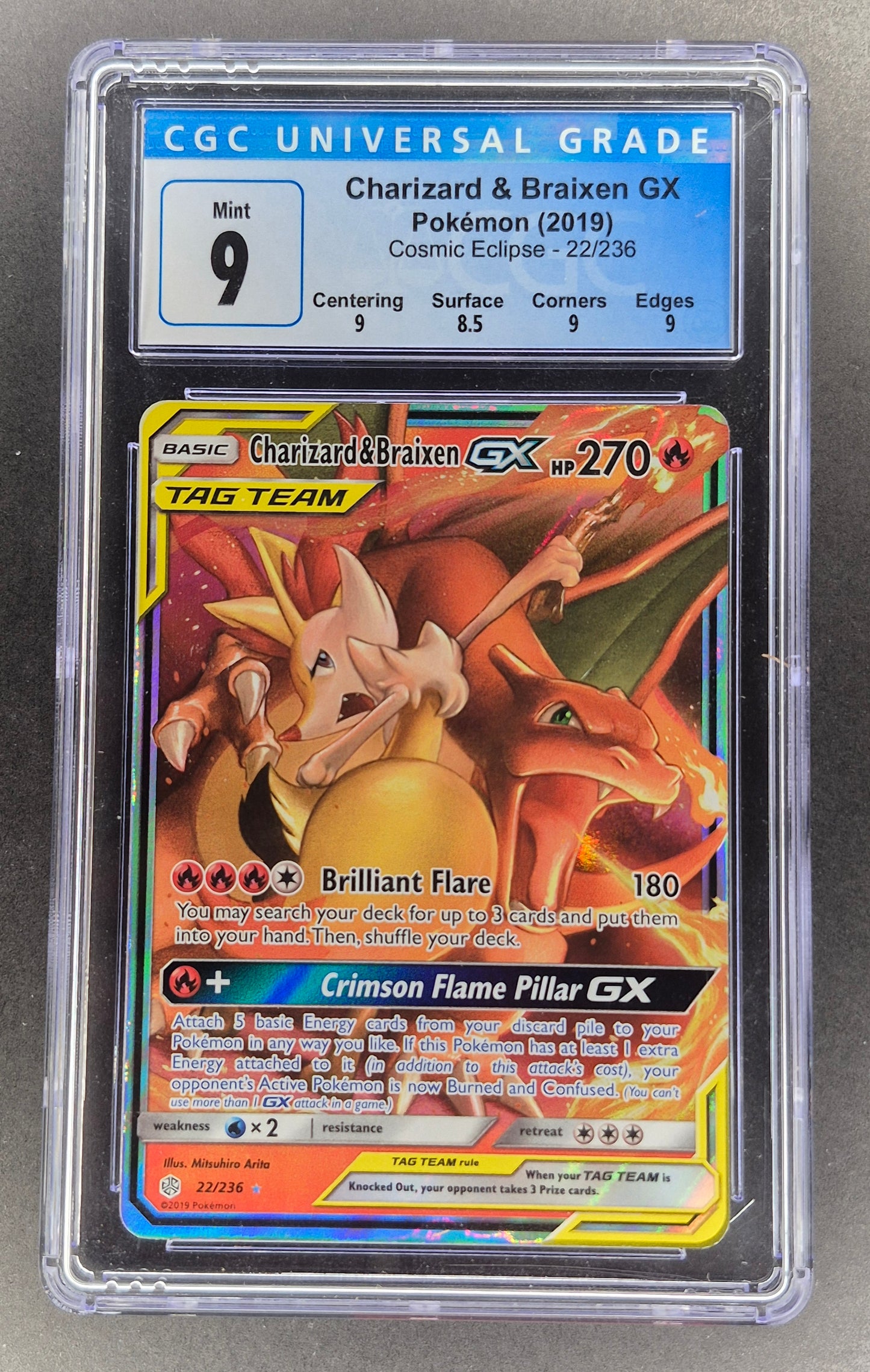 2019 Pokemon Cosmic Eclipse 22/236 Charizard & Braixen GX CGC 9
