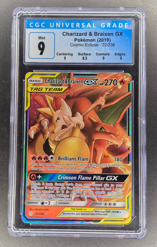 2019 Pokemon Cosmic Eclipse 22/236 Charizard & Braixen GX CGC 9