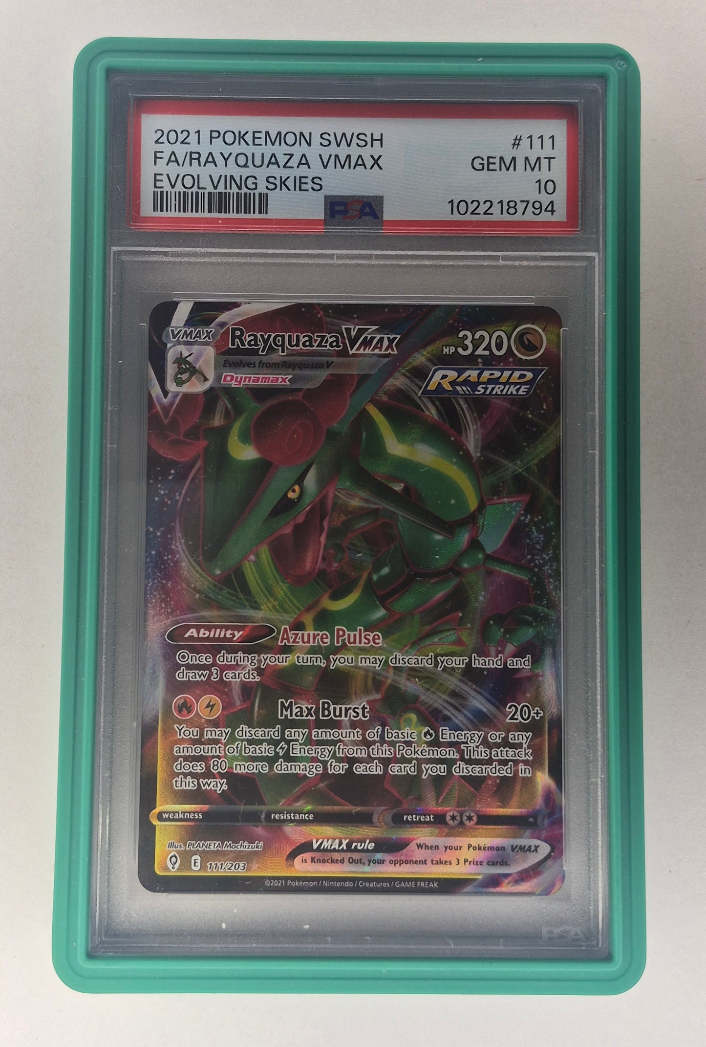 2021 Pokémon SWSH Evolving Skies 111/203 Full Art Rayquaza Vmax PSA 10