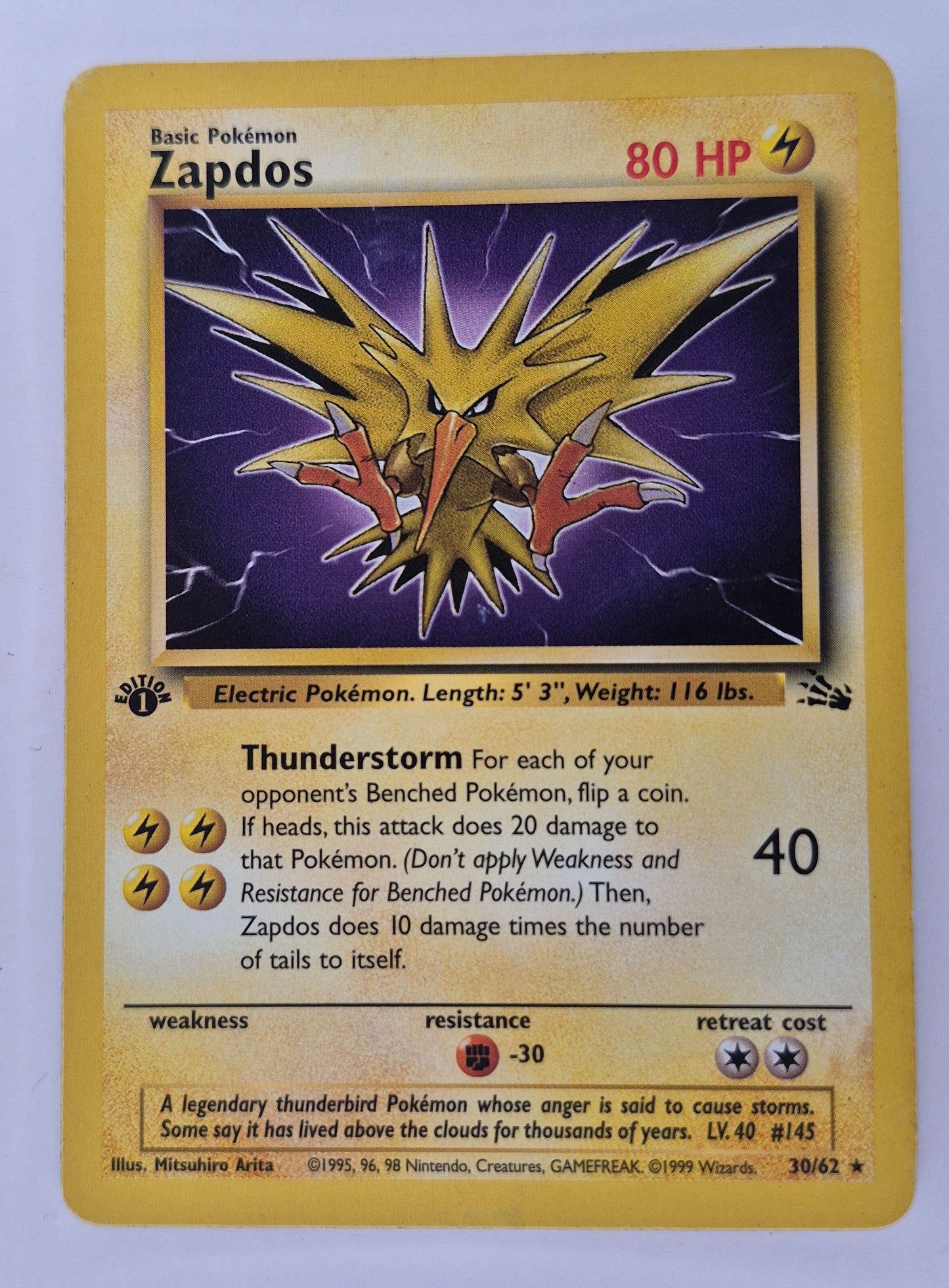 Pokemon 1999 Zapdos Non-holo Rare 1st Edition Fossil 30/62 LP/MP