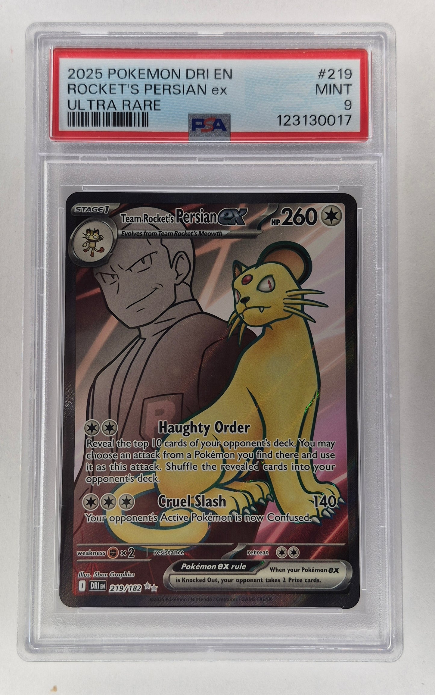 2025 Pokémon Destined Rivals 219/182 Rocket's Persian ex Ultra Rare PSA 9