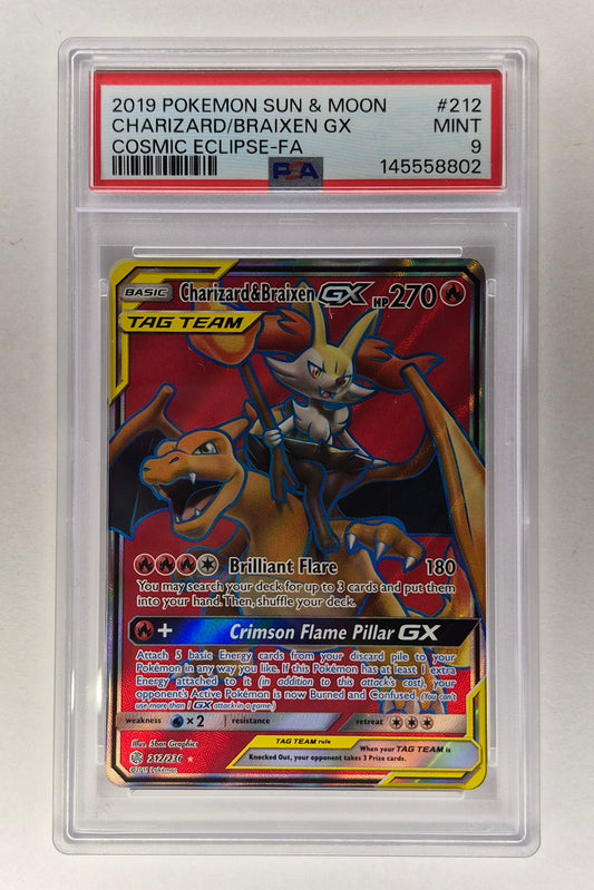 2019 Pokémon S&M Cosmic Eclipse 212/236 Charizard/Braixen GX PSA 9