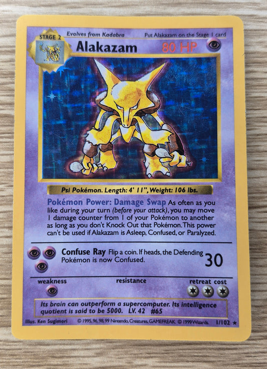 Pokemon 1999 Alakazam Base Set Shadowless Holo Rare 1/102 LP