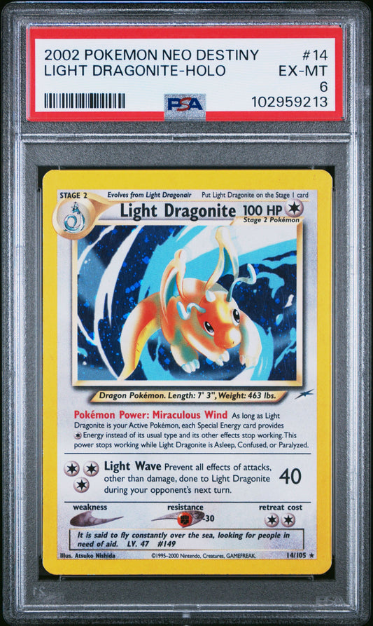 2002 Pokémon Neo Destiny 14/105 Light Dragonite Holo PSA 6