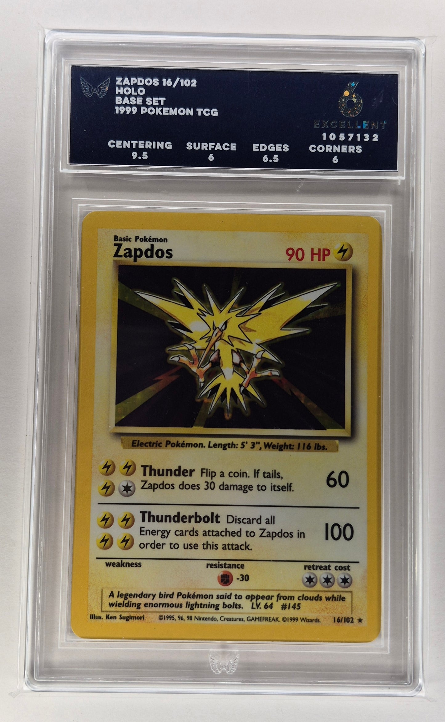 1999 Pokémon Base Set 16/102 Zapdos Holo ARK 6 Excellent