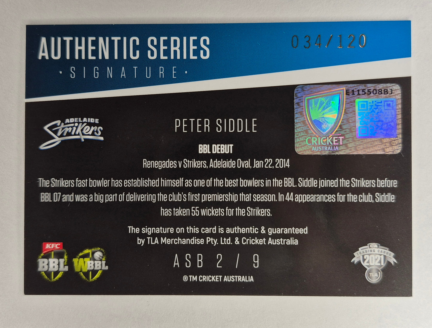 2021-22 CA Traders Authentic Series Signature Black"ASB 2/9" Peter Siddle(On Card)034/120