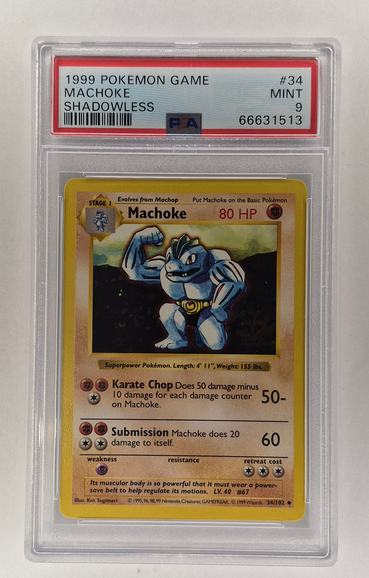 1999 Pokémon Machoke 34/102 - Base Set SHADOWLESS - PSA 9 MINT - WOTC