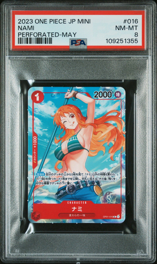 2023 One-Piece Japanese Mini Nami Non Holo Perforated OP01-016 PSA 8