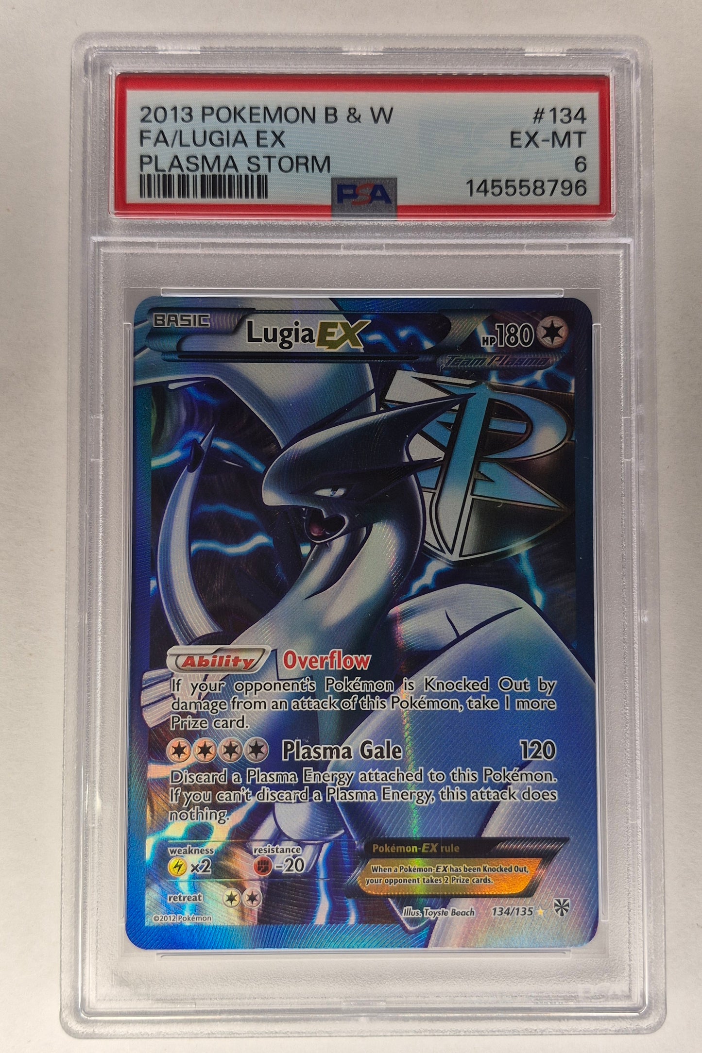 2013 Pokémon B&W Plasma Storm 134/135 Full Art Lugia EX PSA 6 EX-MT
