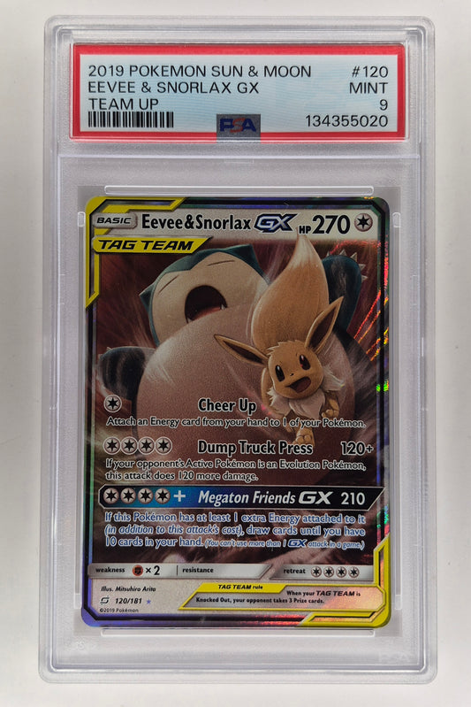2019 Pokémon Sun & Moon 120/181 Eevee & Snorlax GX Team Up PSA 9