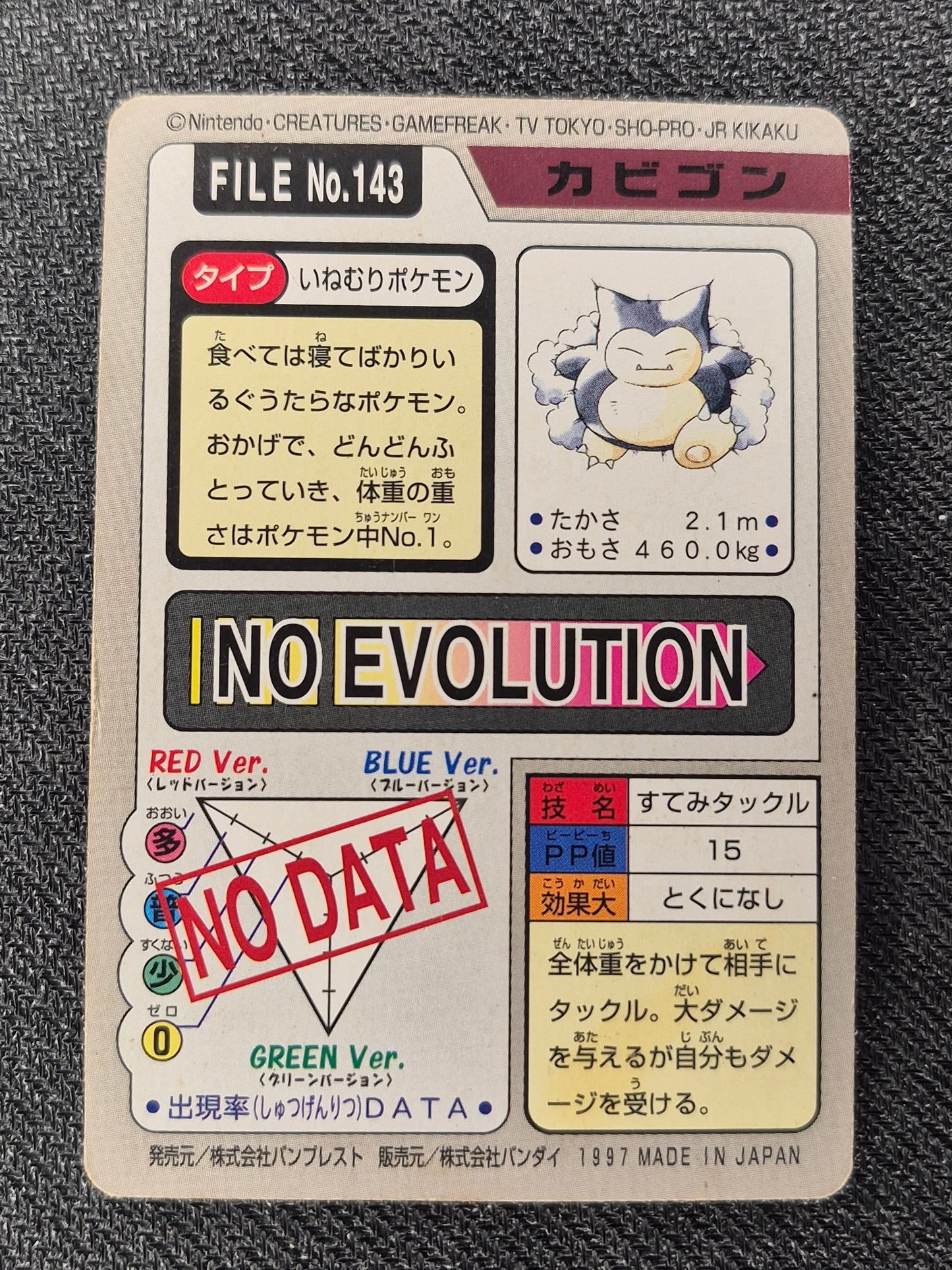Snorlax 143 Carddass 1997 Japanese Pokemon Card LP